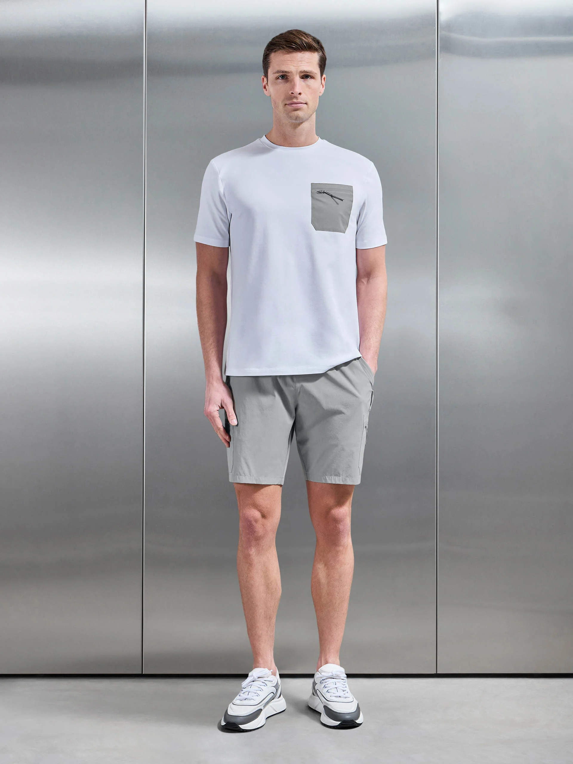 Active Cargo T-Shirt in White Mid Grey - Image 2