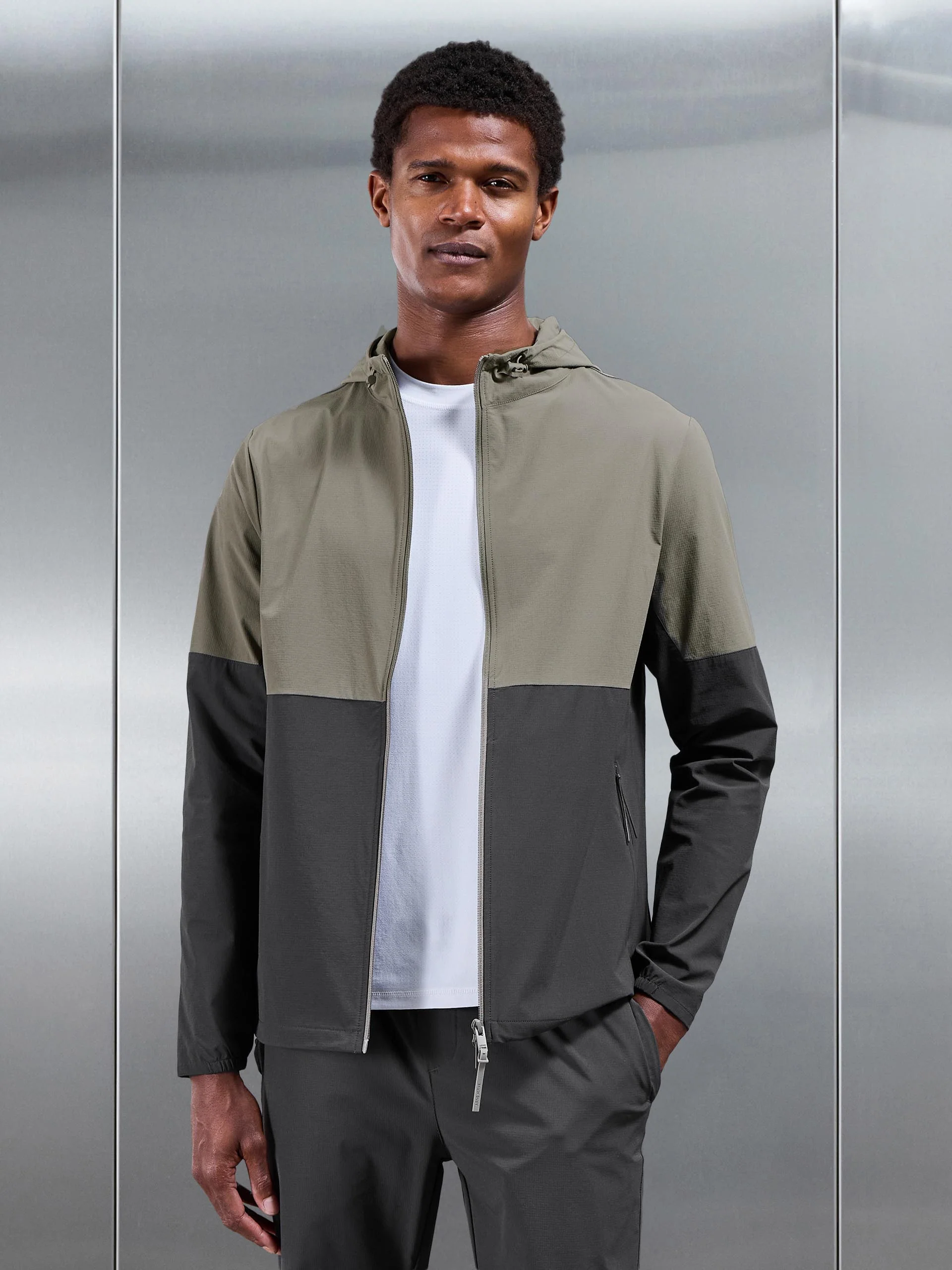 Active Technical Colour Block Windbreaker in Olive Grey - Image 7
