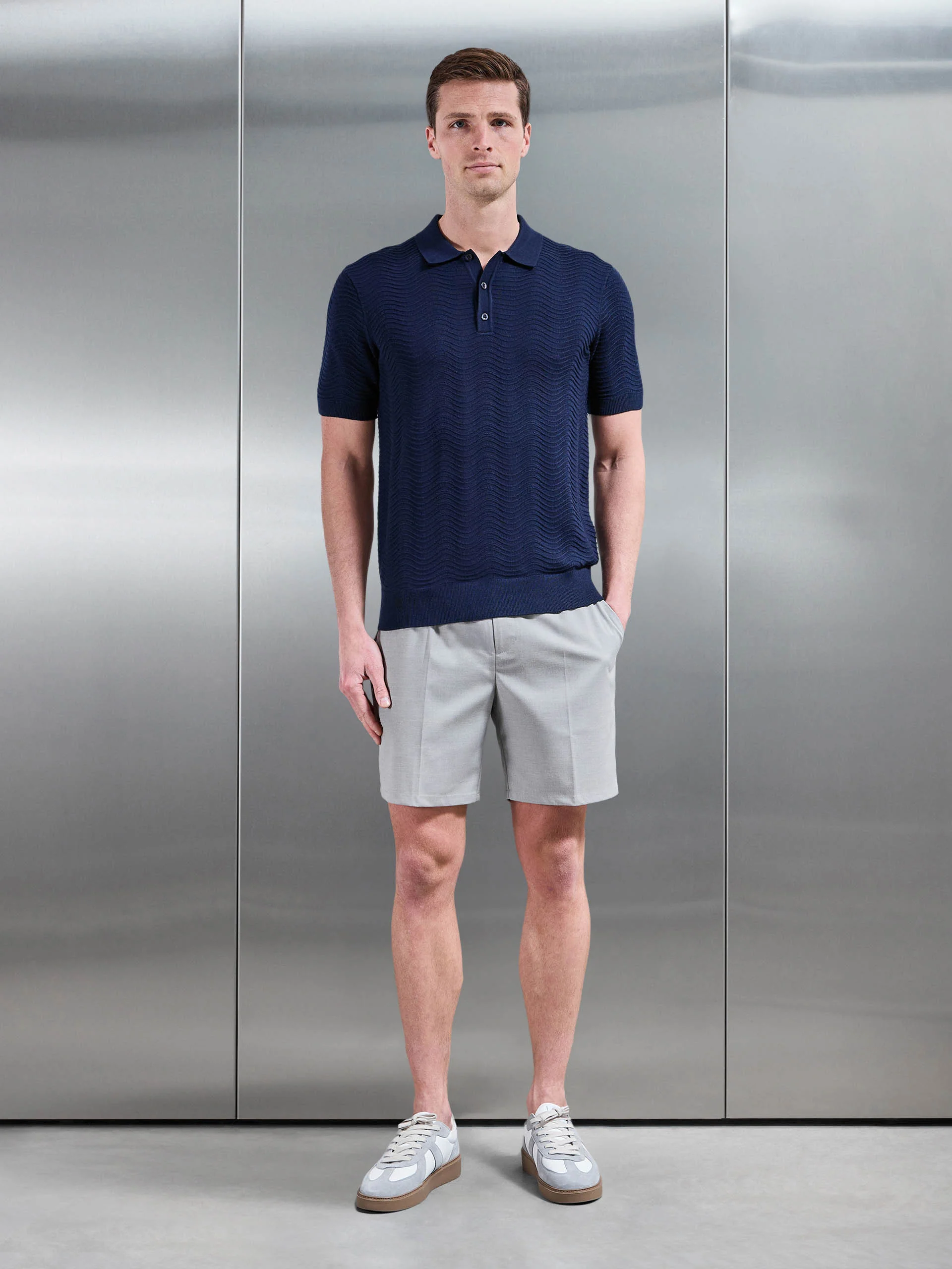Arles Wave Plain Textured Polo Shirt in Navy - Image 2