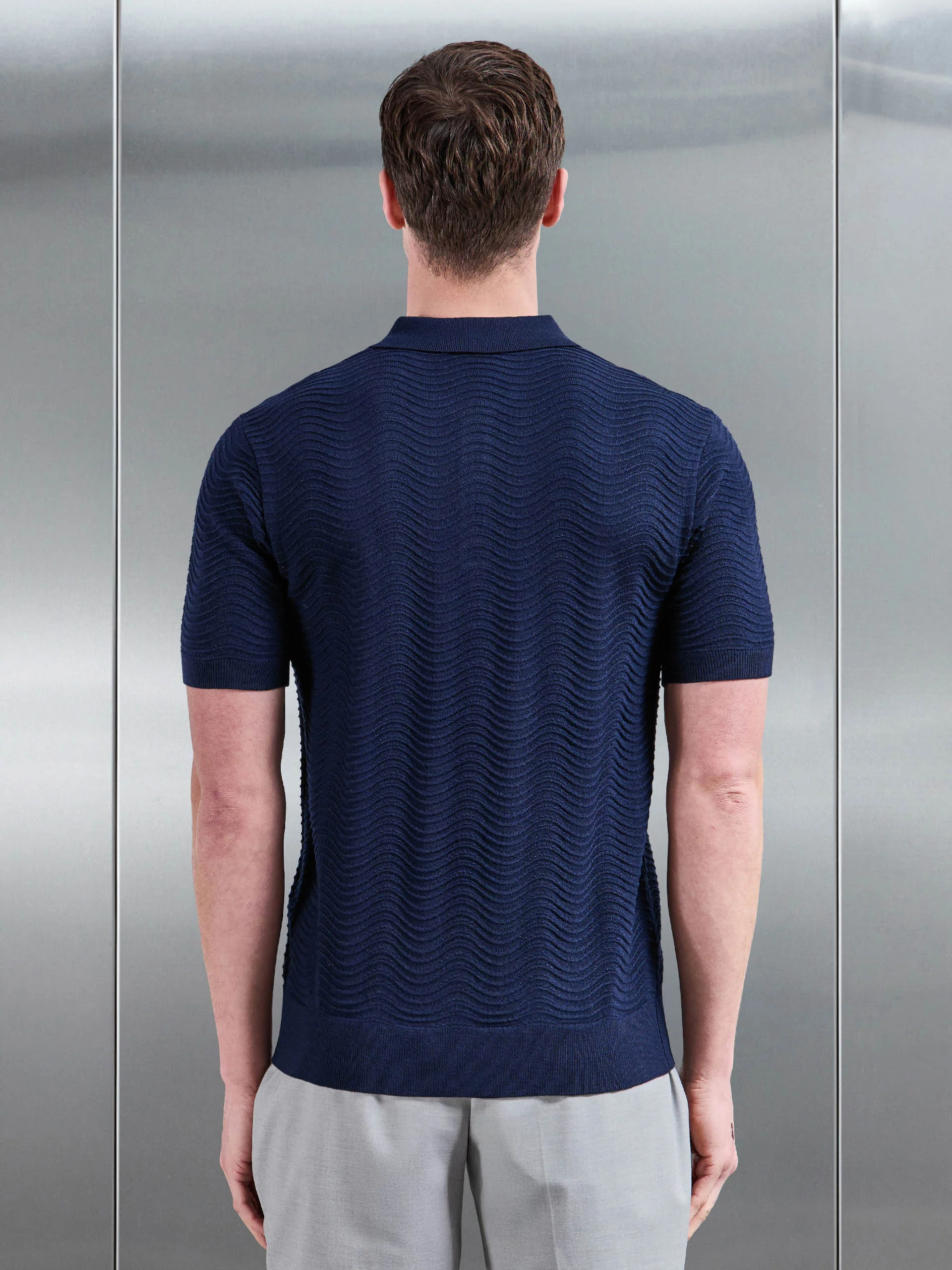 Arles Wave Plain Textured Polo Shirt in Navy - Image 3
