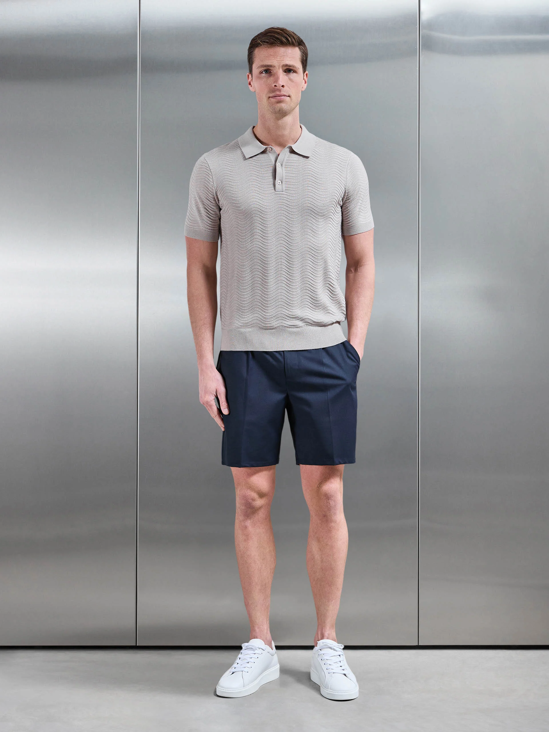 Arles Wave Plain Textured Polo Shirt in Stone - Image 2