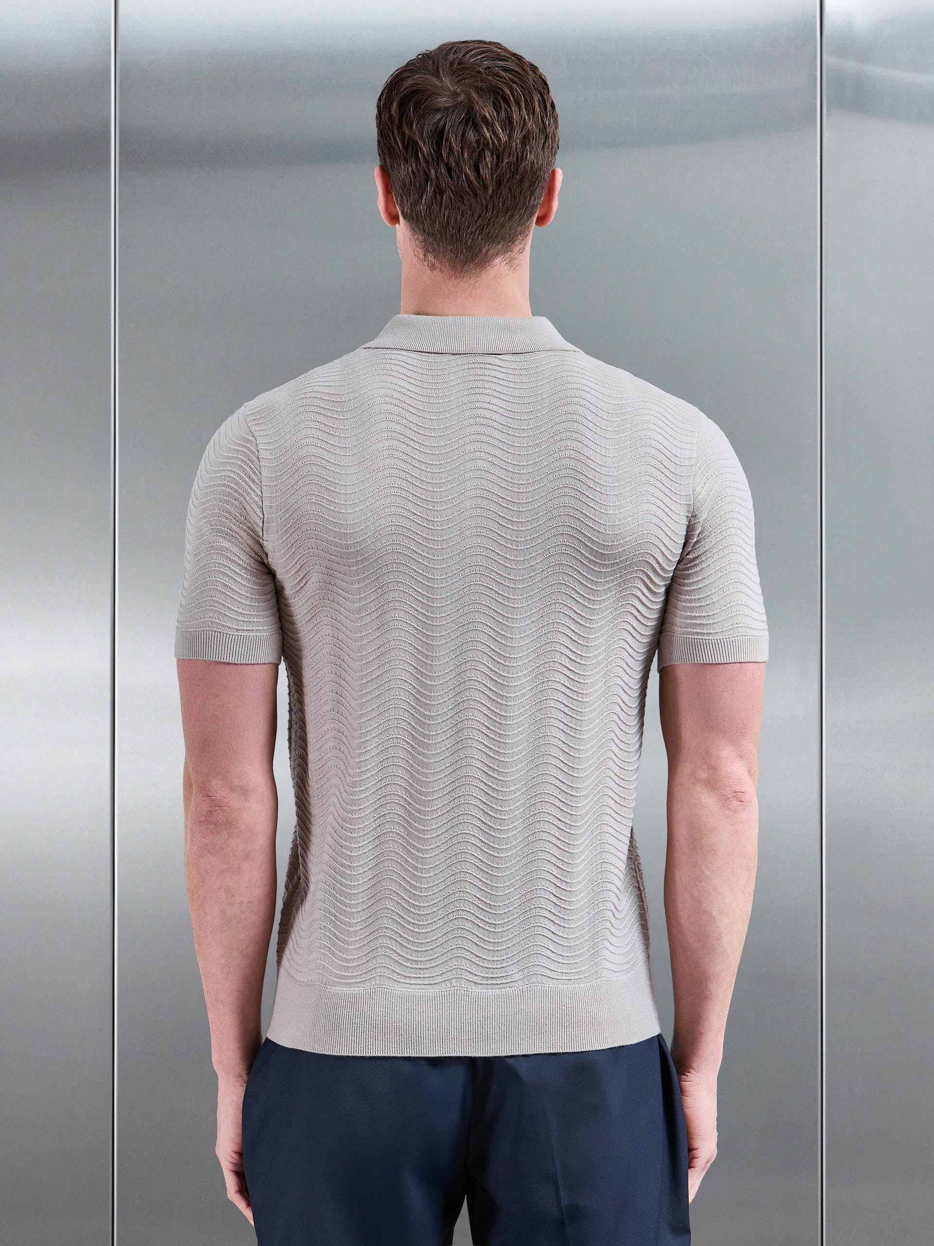 Arles Wave Plain Textured Polo Shirt in Stone - Image 3