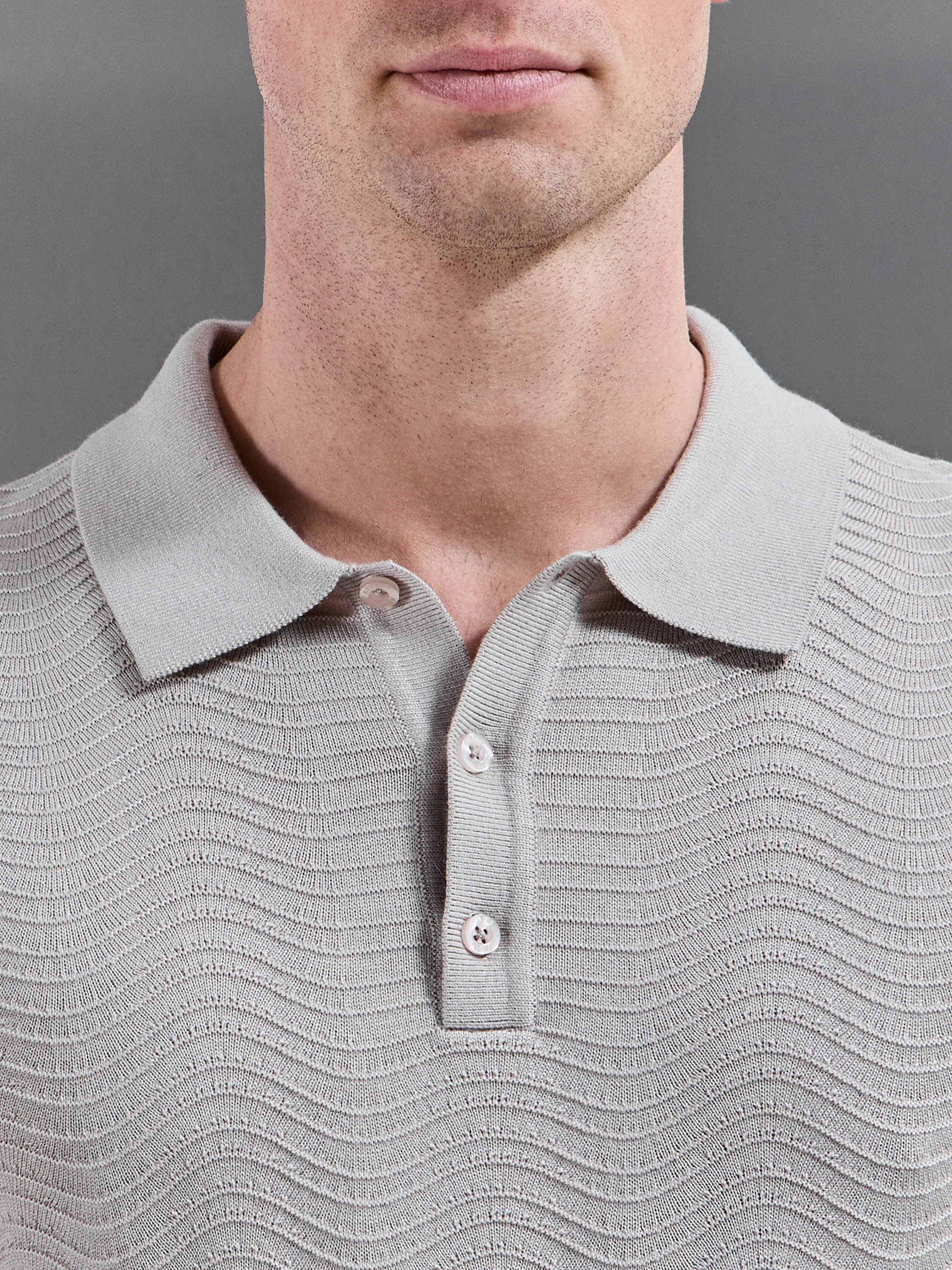 Arles Wave Plain Textured Polo Shirt in Stone - Image 4