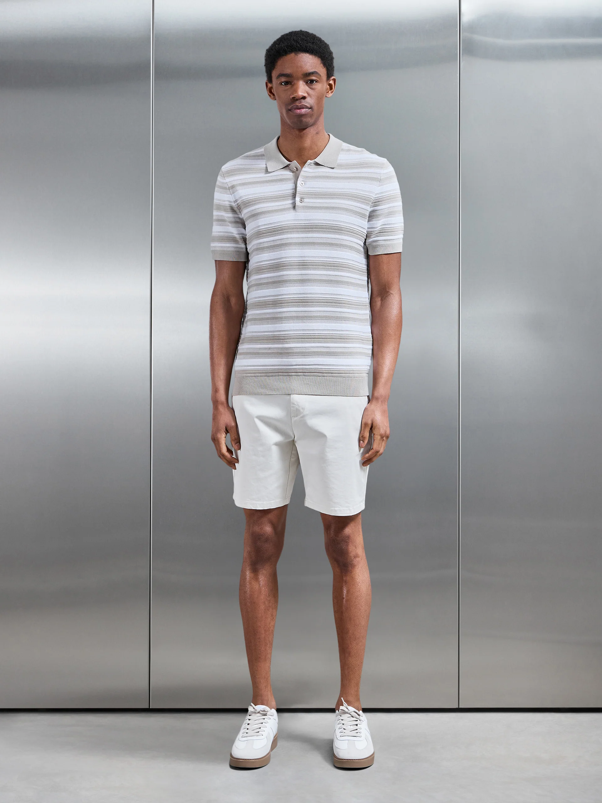 Bellano Knitted Textured Stripe Polo Shirt in Stone - Image 2