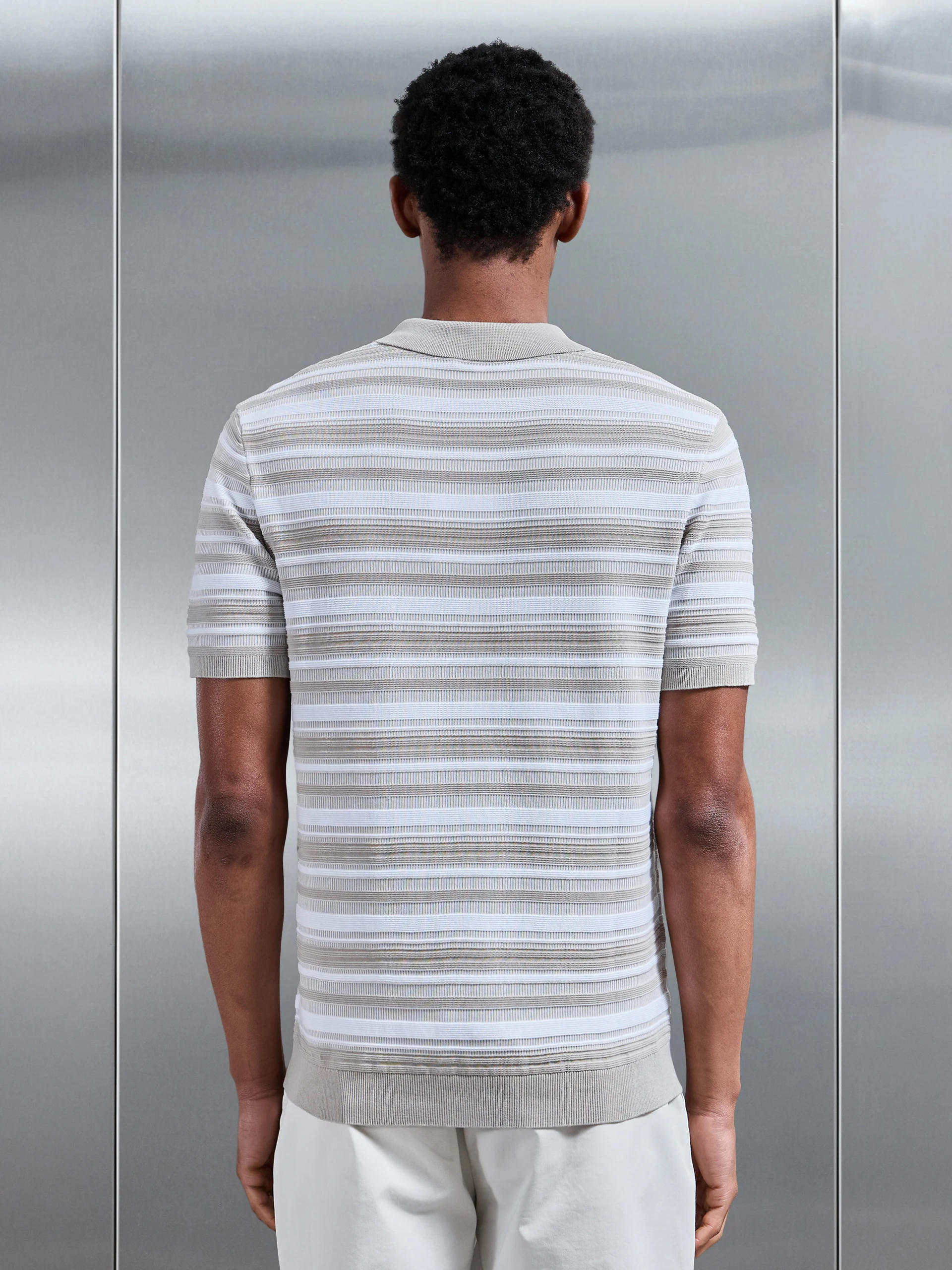 Bellano Knitted Textured Stripe Polo Shirt in Stone - Image 3