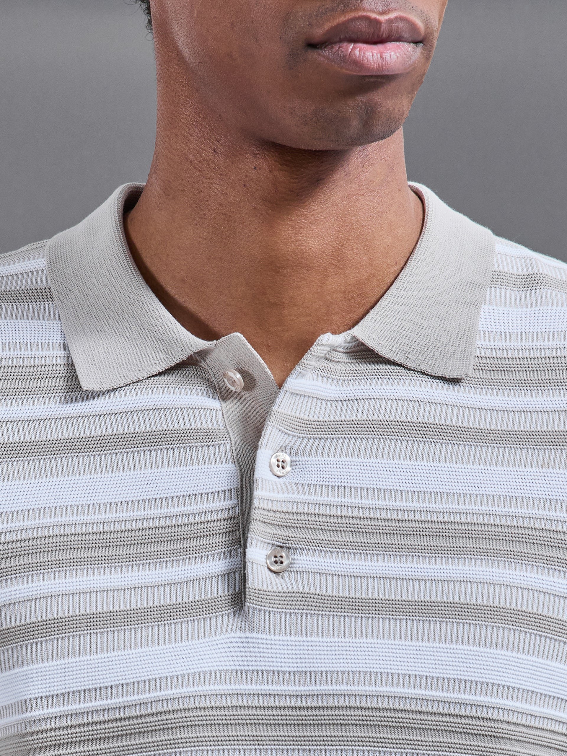 Bellano Knitted Textured Stripe Polo Shirt in Stone - Image 4