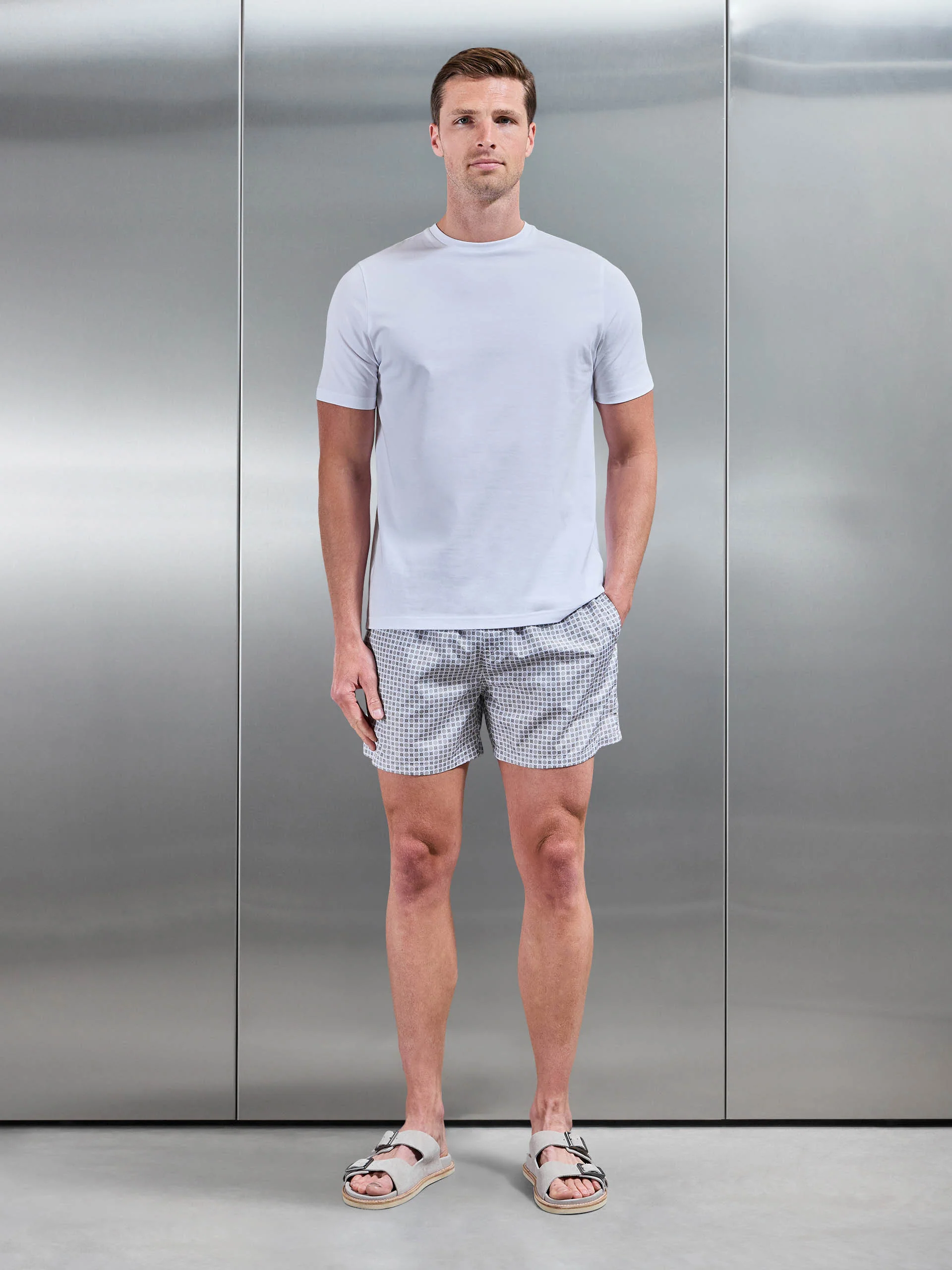 Capri Drawstring Printed Shell Swim Short in Taupe - Image 2