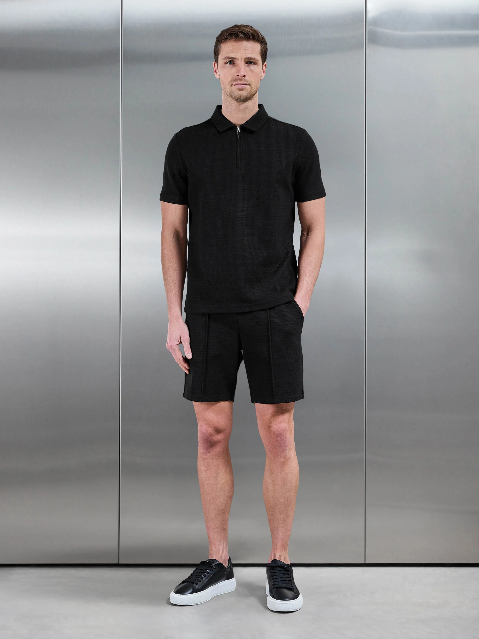 Cavour Textured Zip Polo Shirt in Black - Image 2