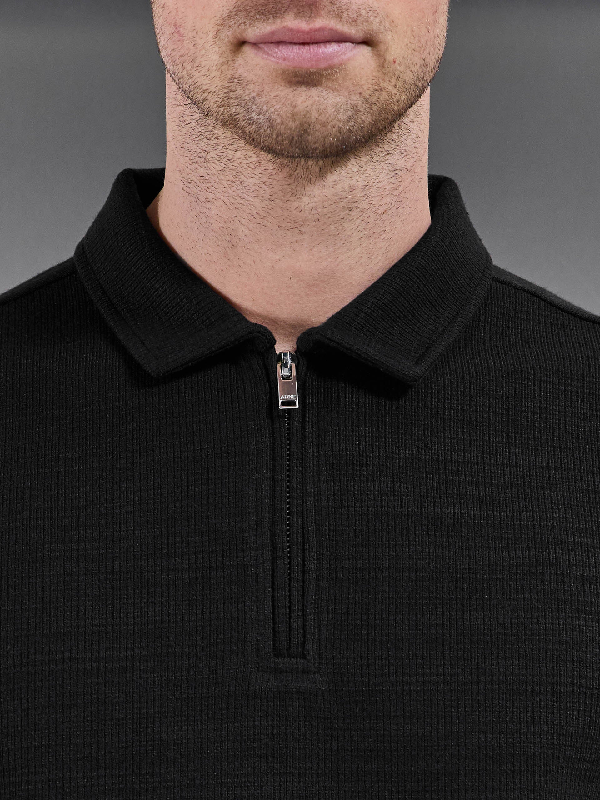 Cavour Textured Zip Polo Shirt in Black - Image 4