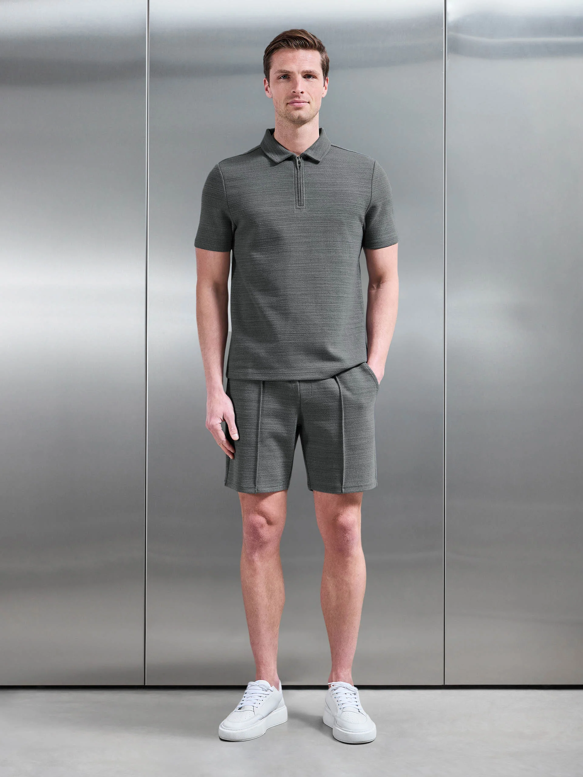 Cavour Textured Zip Polo Shirt in Grey - Image 2