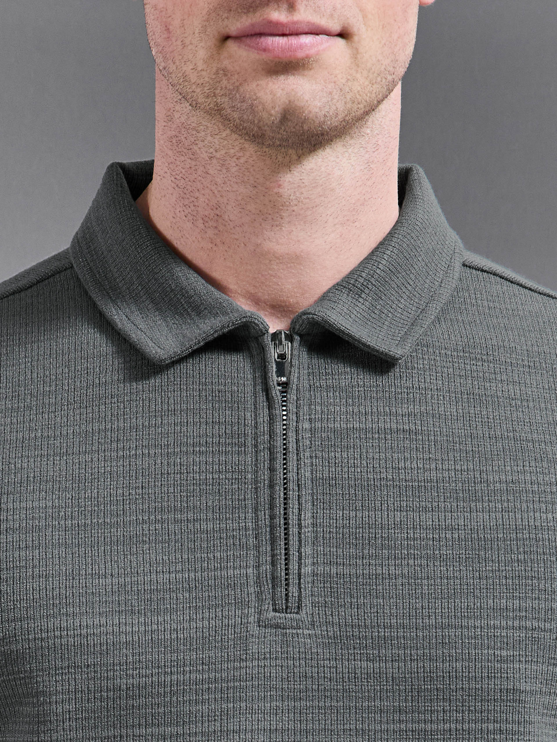 Cavour Textured Zip Polo Shirt in Grey - Image 3