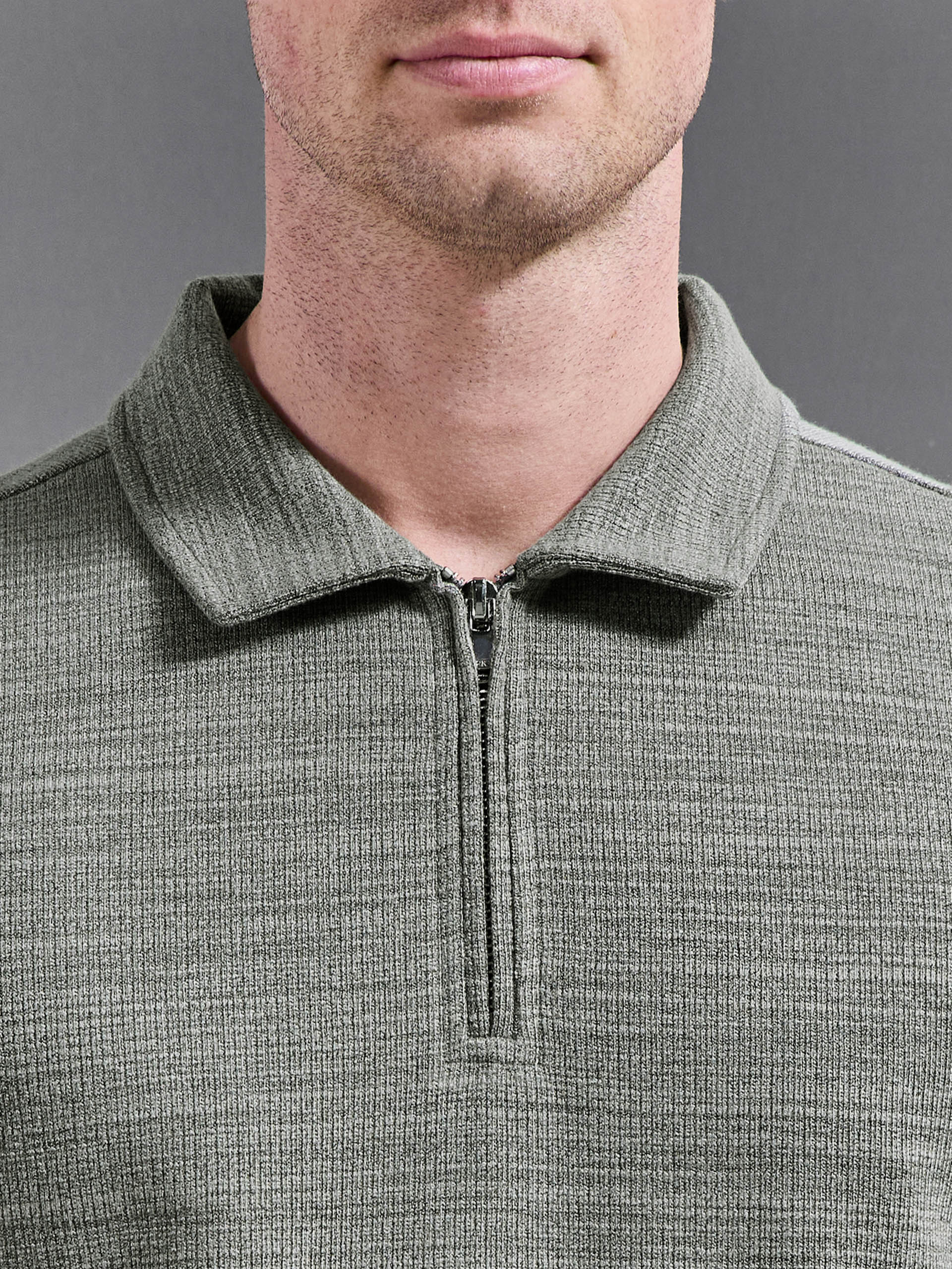 Cavour Textured Zip Polo Shirt in Olive - Image 4