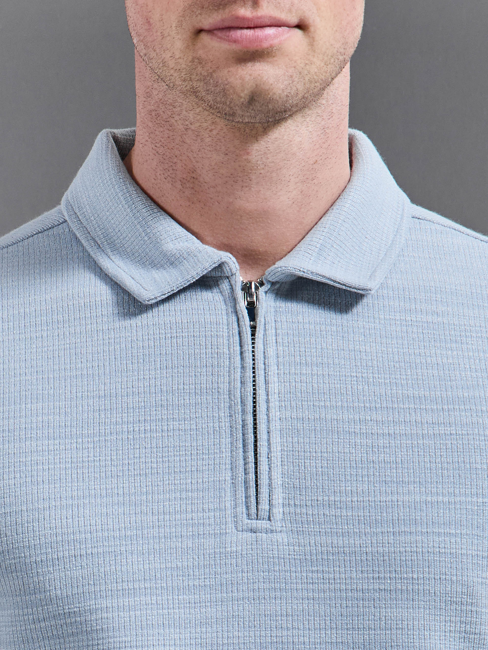 Cavour Textured Zip Polo Shirt in Soft Blue - Image 4