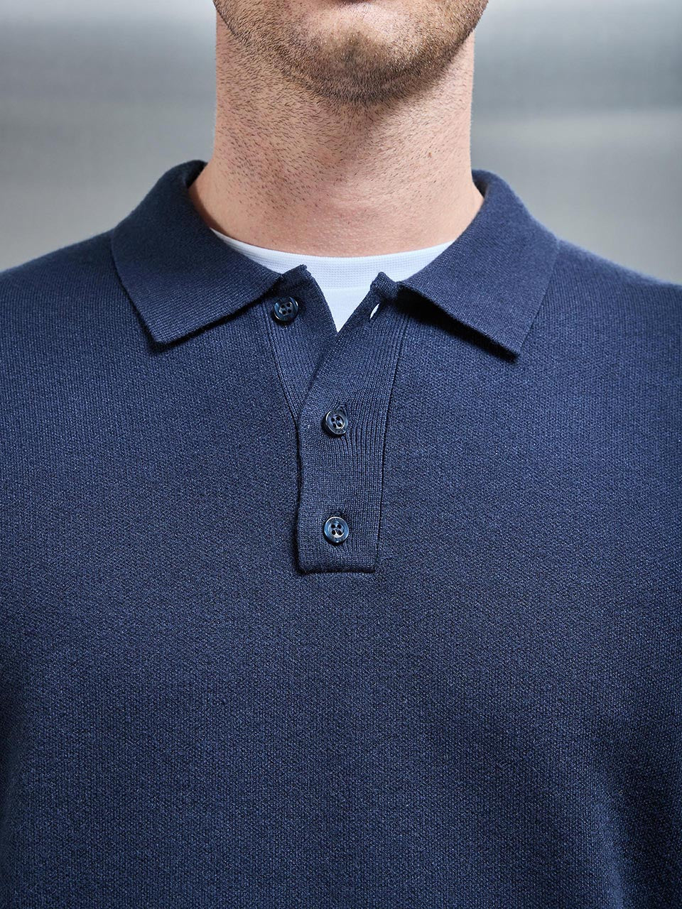 Chunky Knitted Polo Shirt in Navy - Image 3