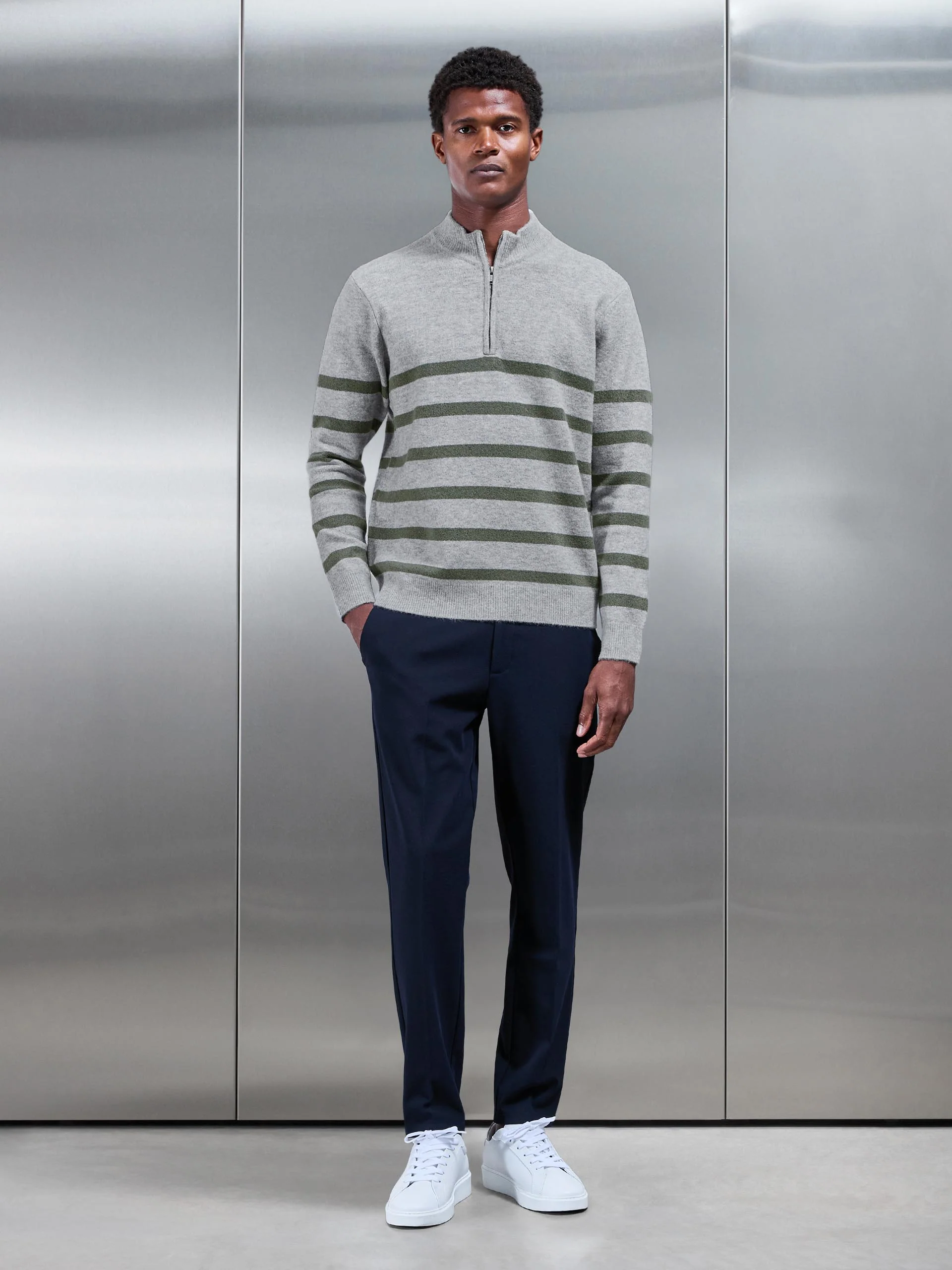 Chunky Wool Stripe Half Zip in Marl Grey - Image 2