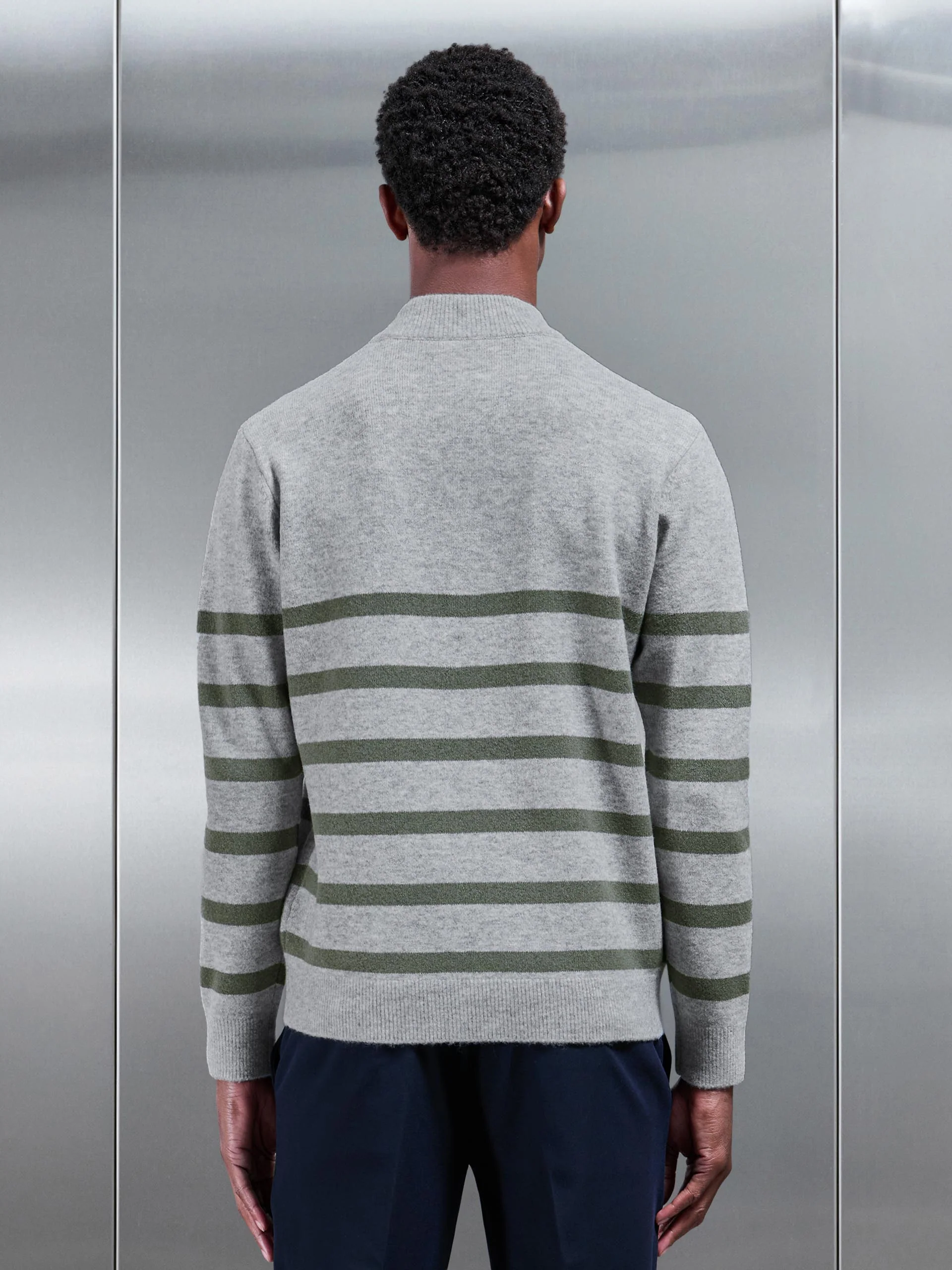 Chunky Wool Stripe Half Zip in Marl Grey - Image 3