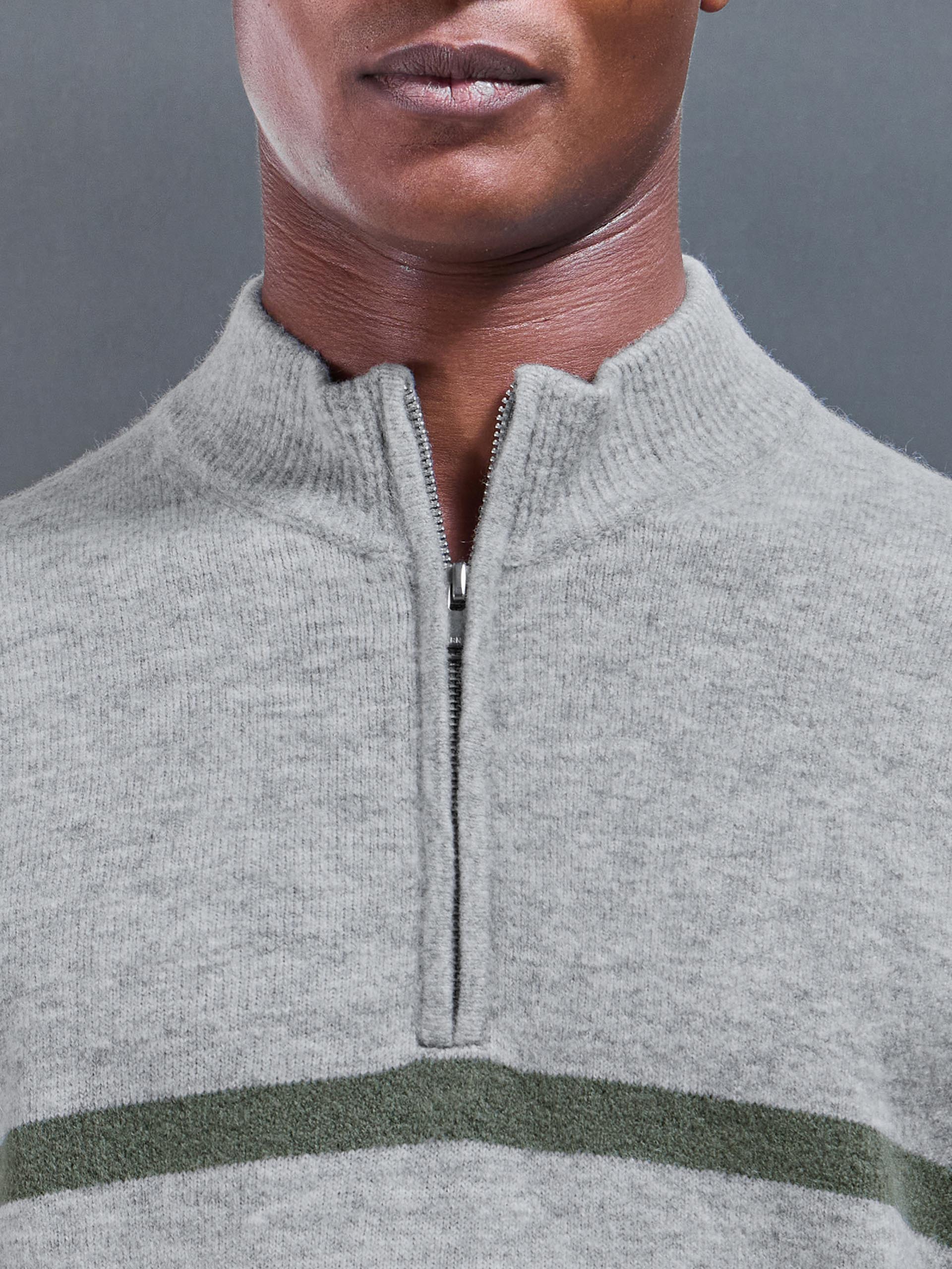 Chunky Wool Stripe Half Zip in Marl Grey - Image 4