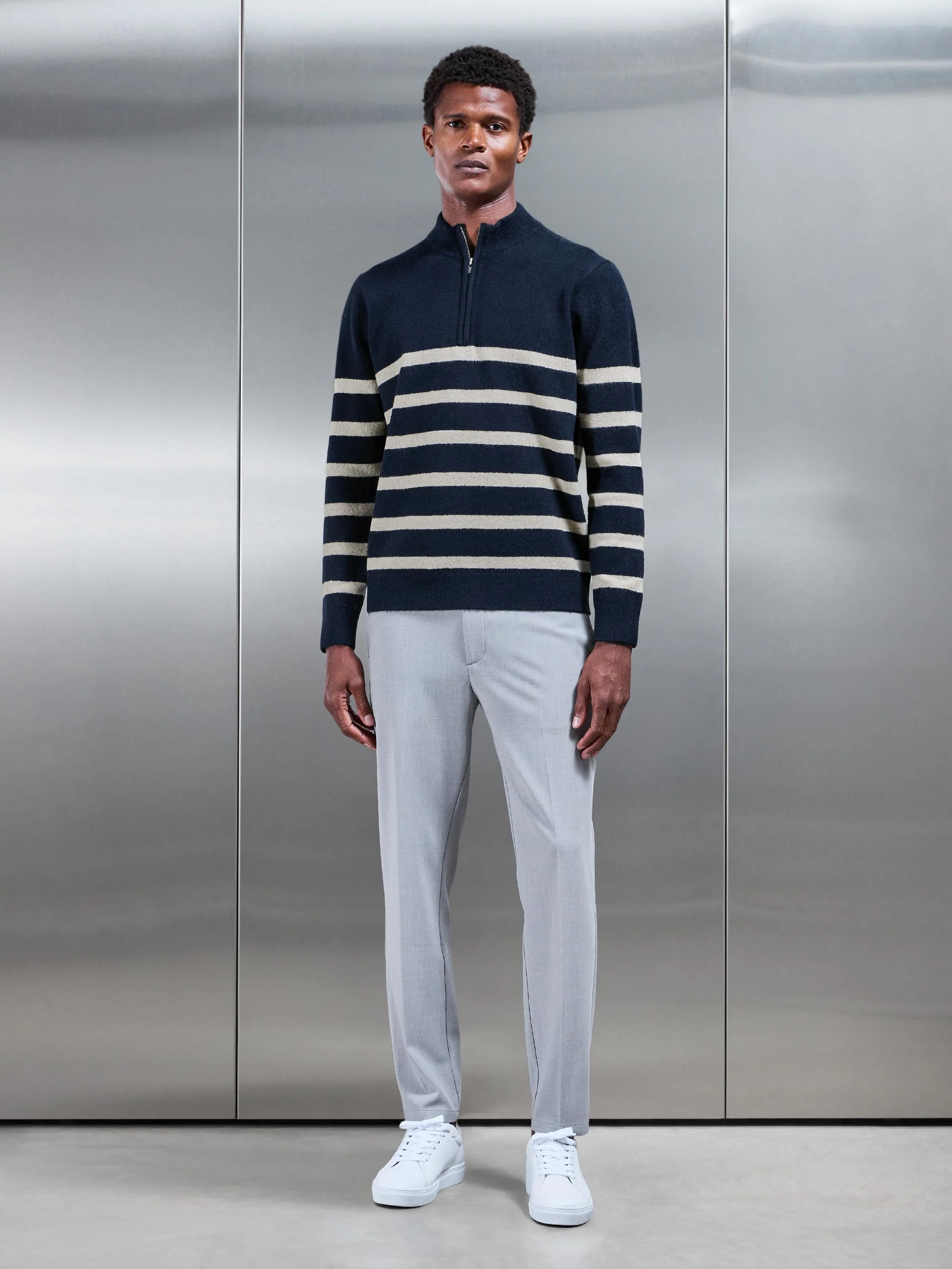 Chunky Wool Stripe Half Zip in Navy - Image 2