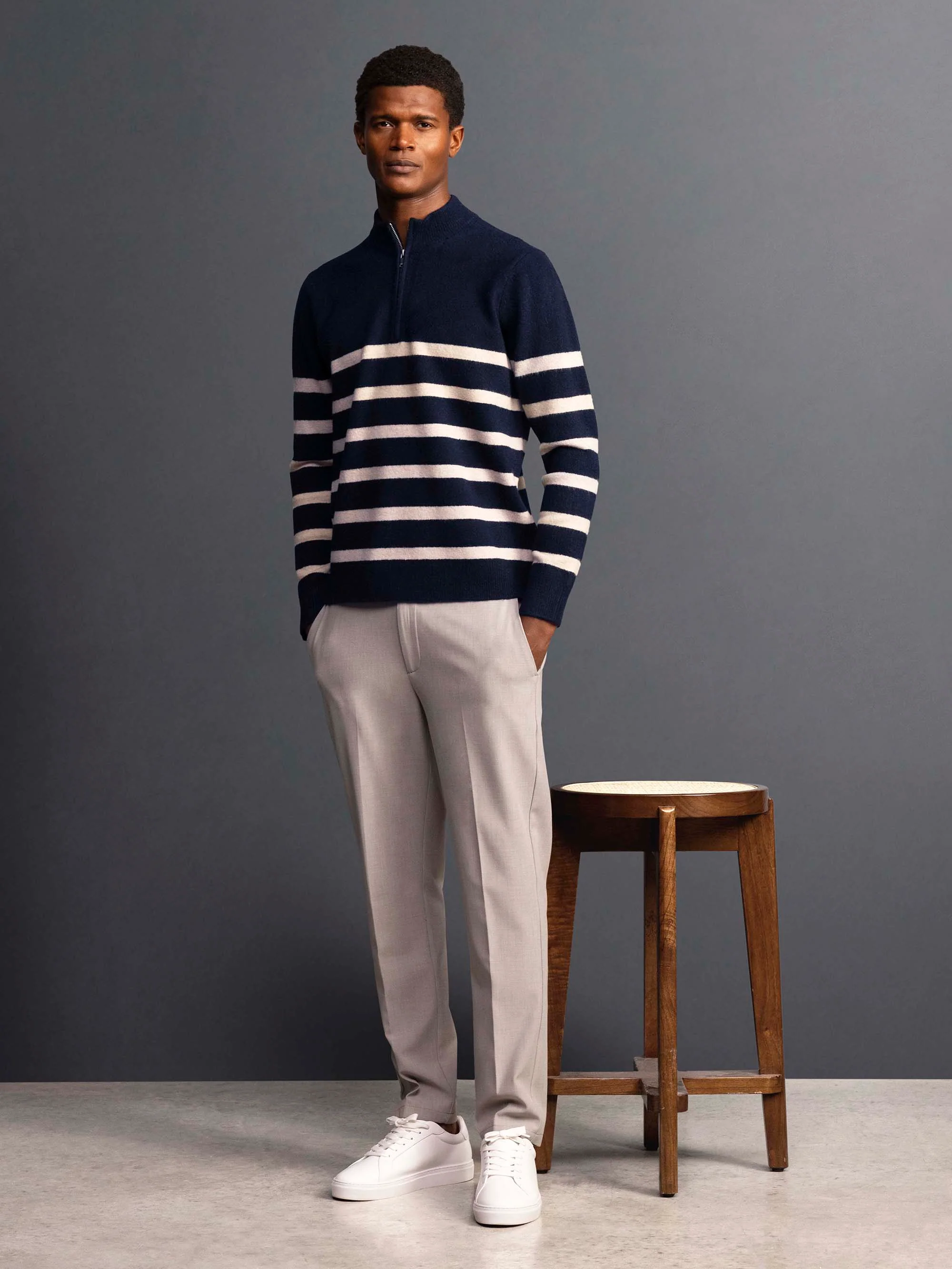 Chunky Wool Stripe Half Zip in Navy - Image 5