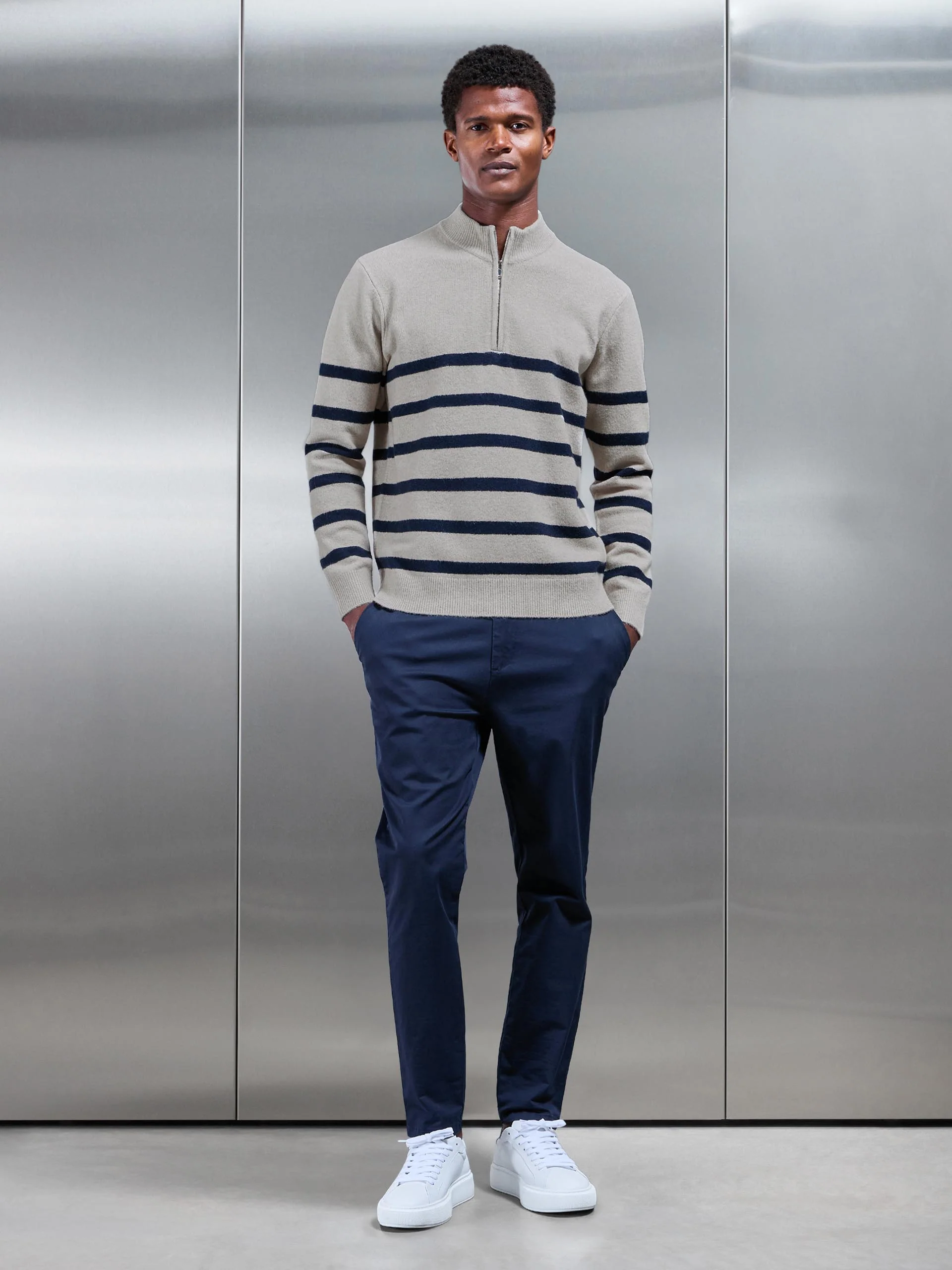 Chunky Wool Stripe Half Zip in Stone - Image 2