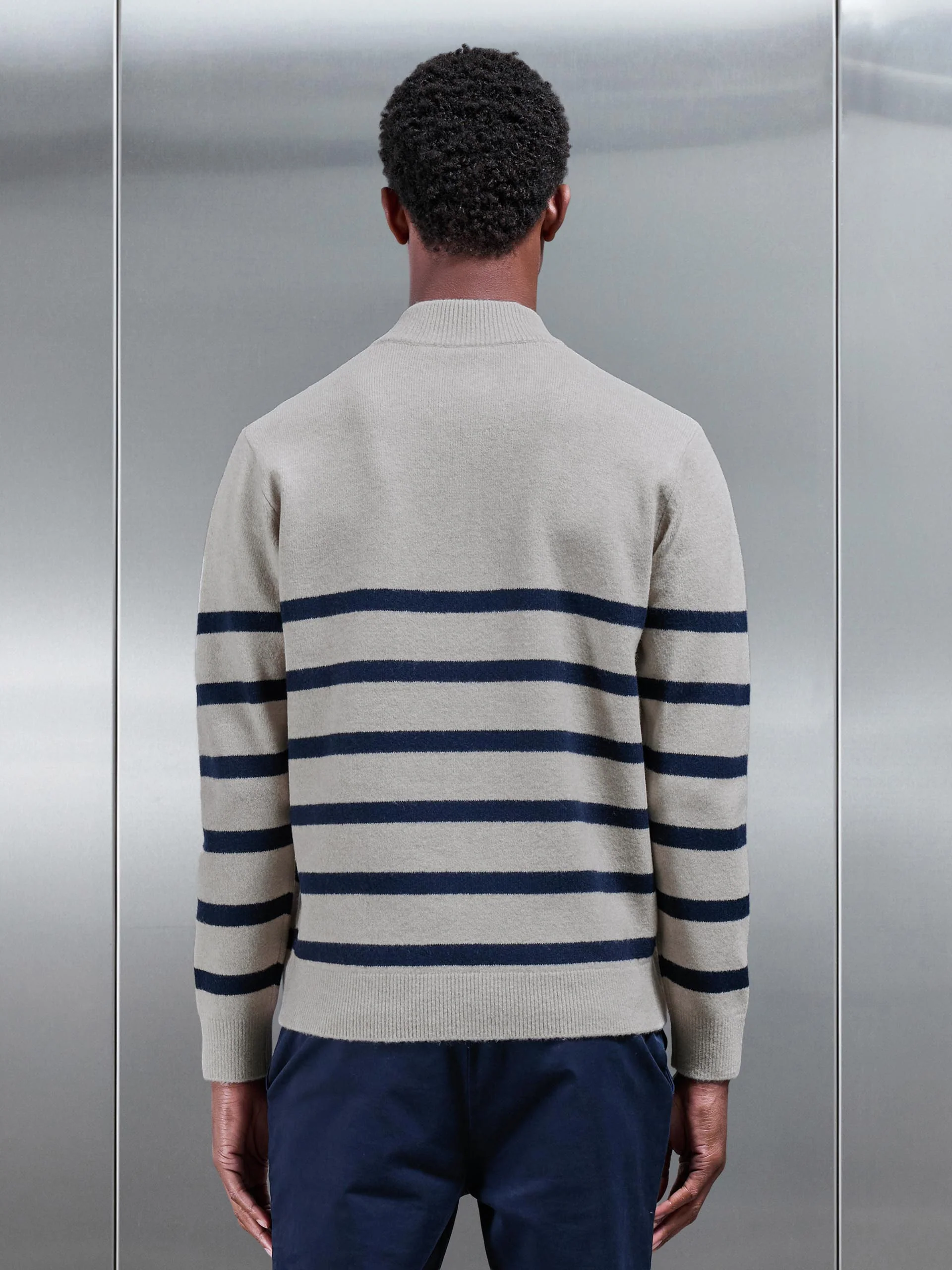 Chunky Wool Stripe Half Zip in Stone - Image 3