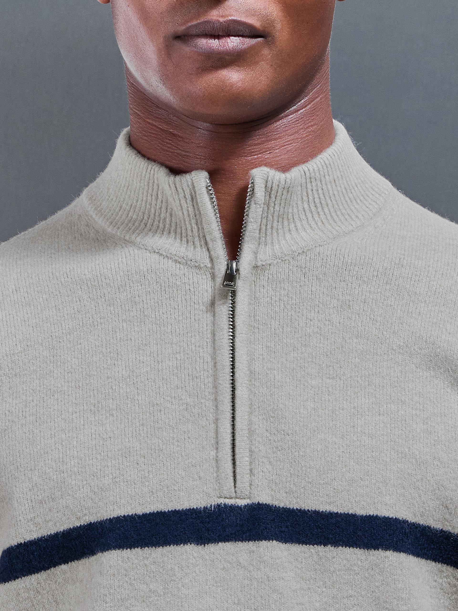 Chunky Wool Stripe Half Zip in Stone - Image 4