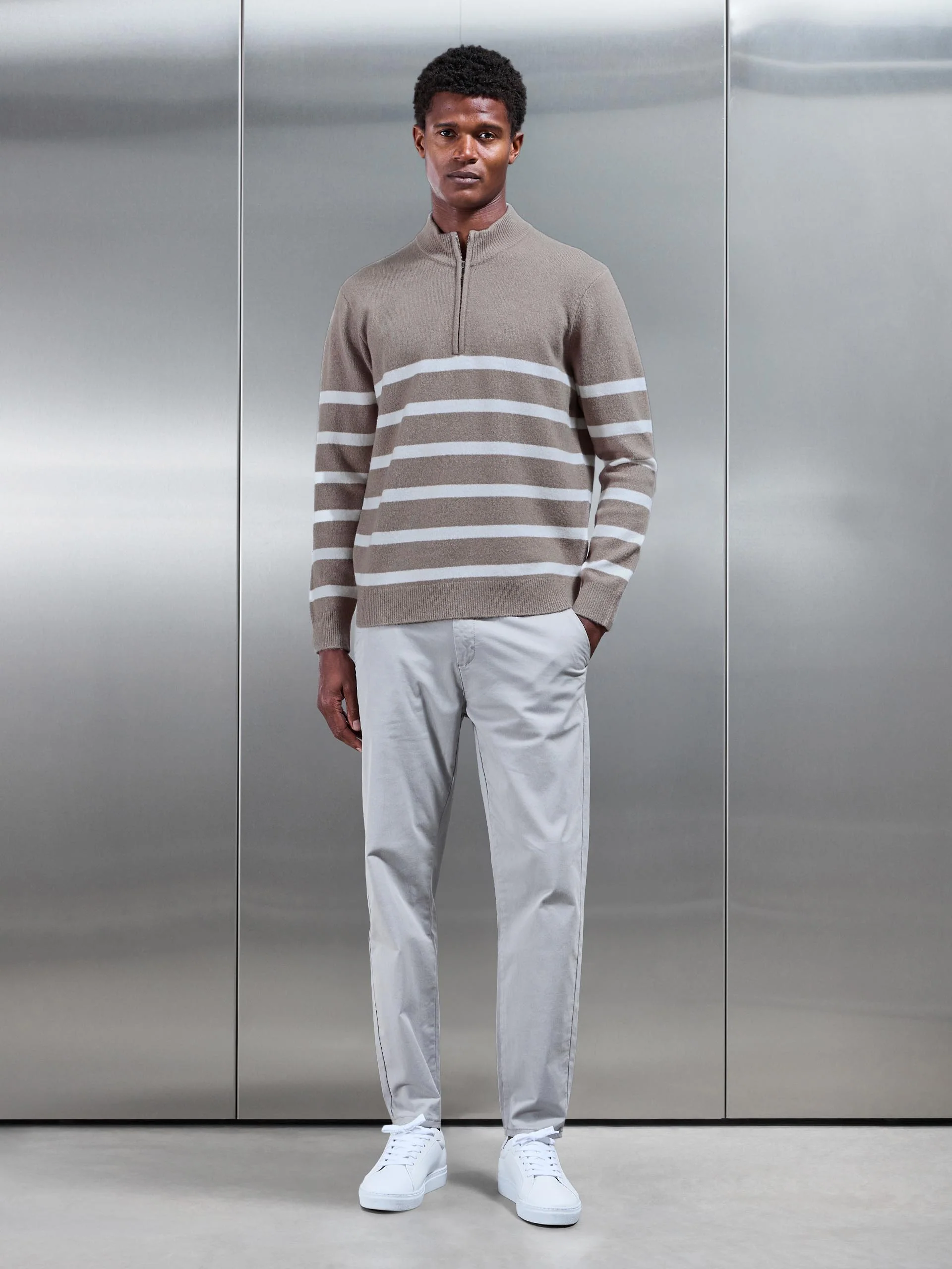 Chunky Wool Stripe Half Zip in Taupe - Image 2