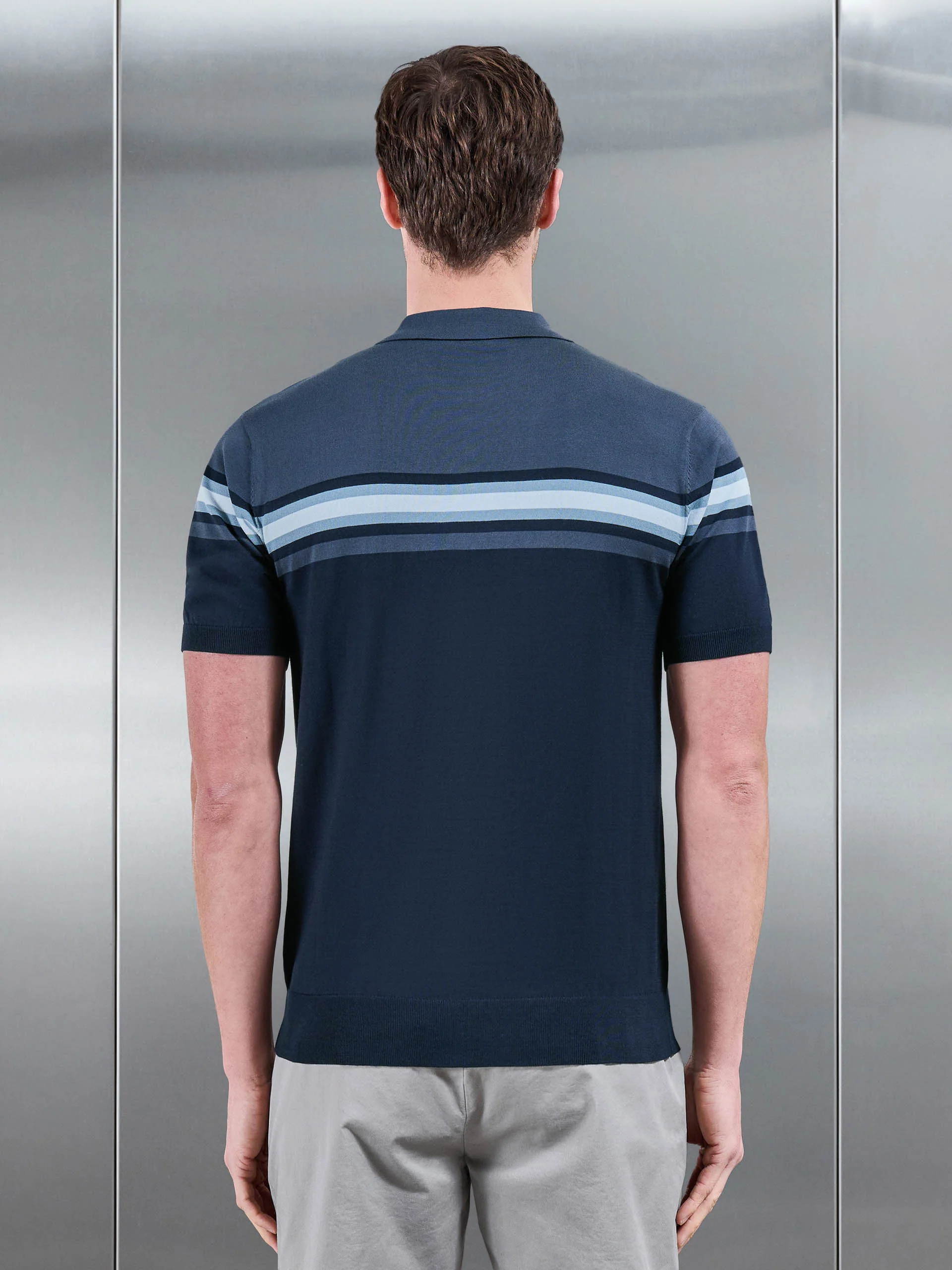 Cotton And Silk Colour Block Zip Polo Shirt in Navy - Image 3