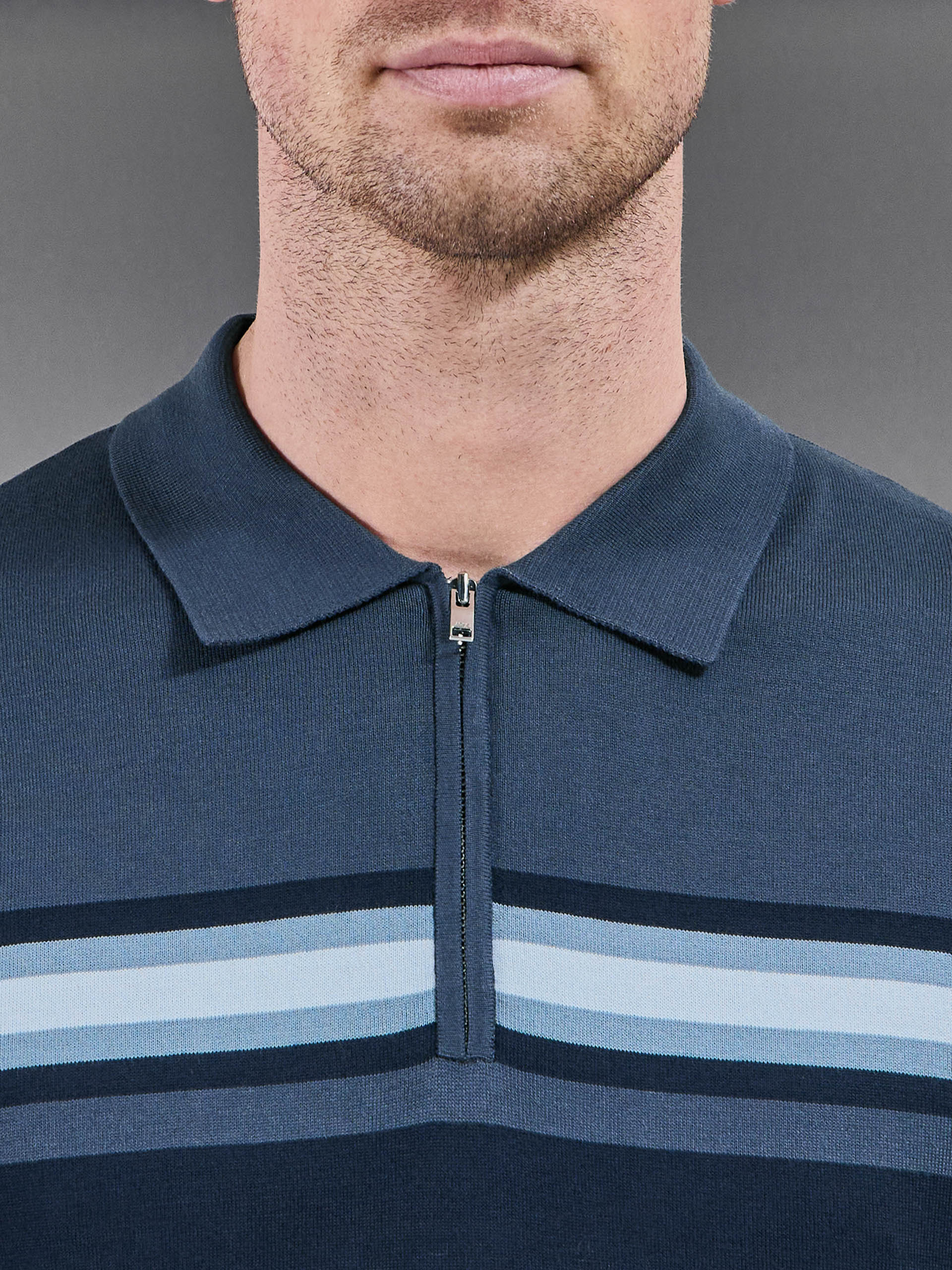 Cotton And Silk Colour Block Zip Polo Shirt in Navy - Image 4