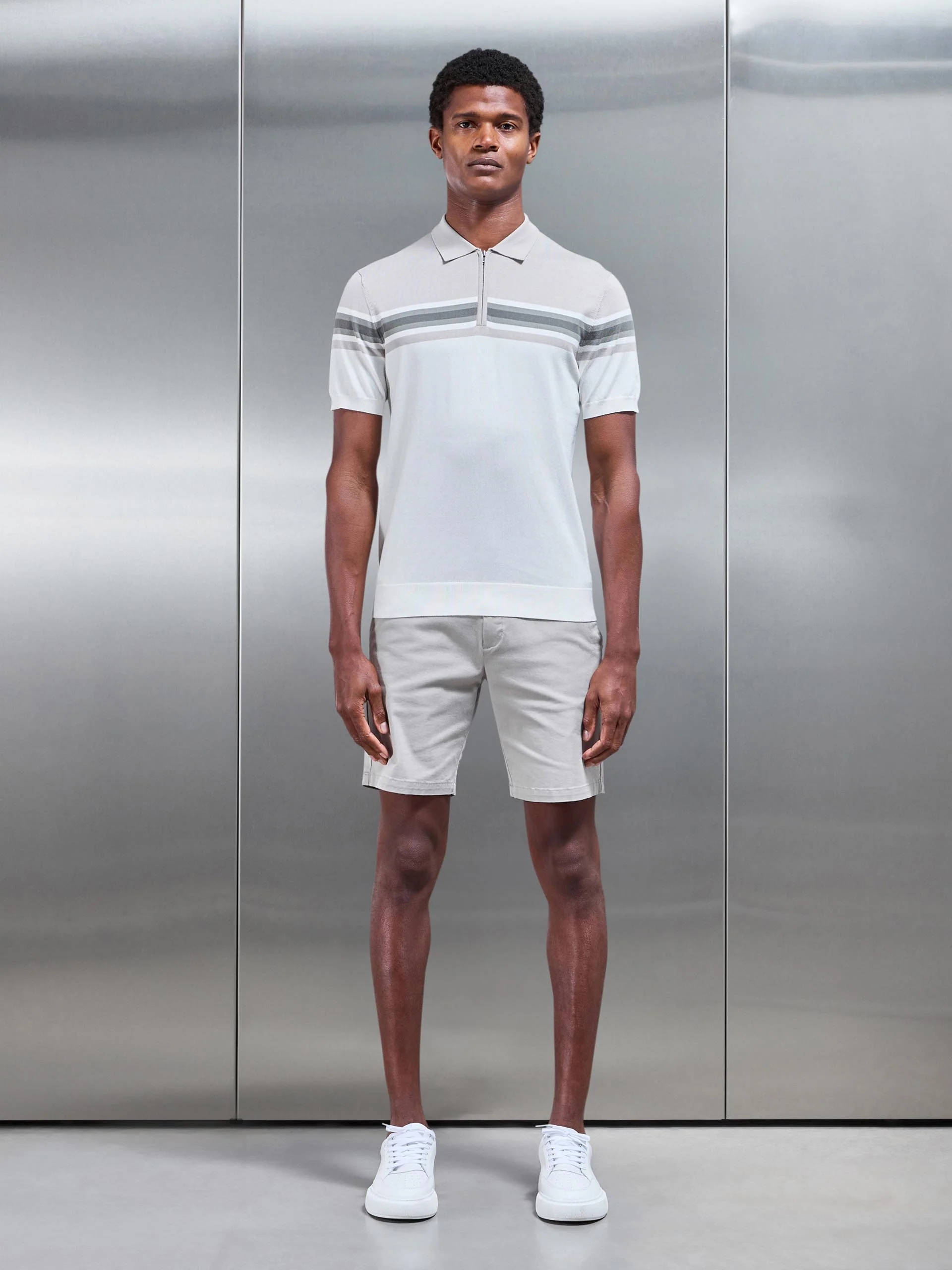 Cotton And Silk Colour Block Zip Polo Shirt in White Sage - Image 3
