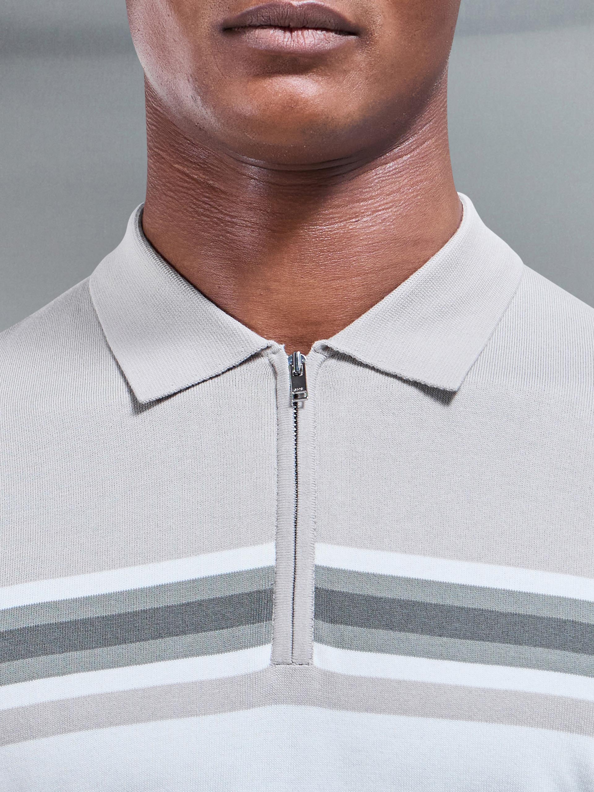 Cotton And Silk Colour Block Zip Polo Shirt in White Sage - Image 4