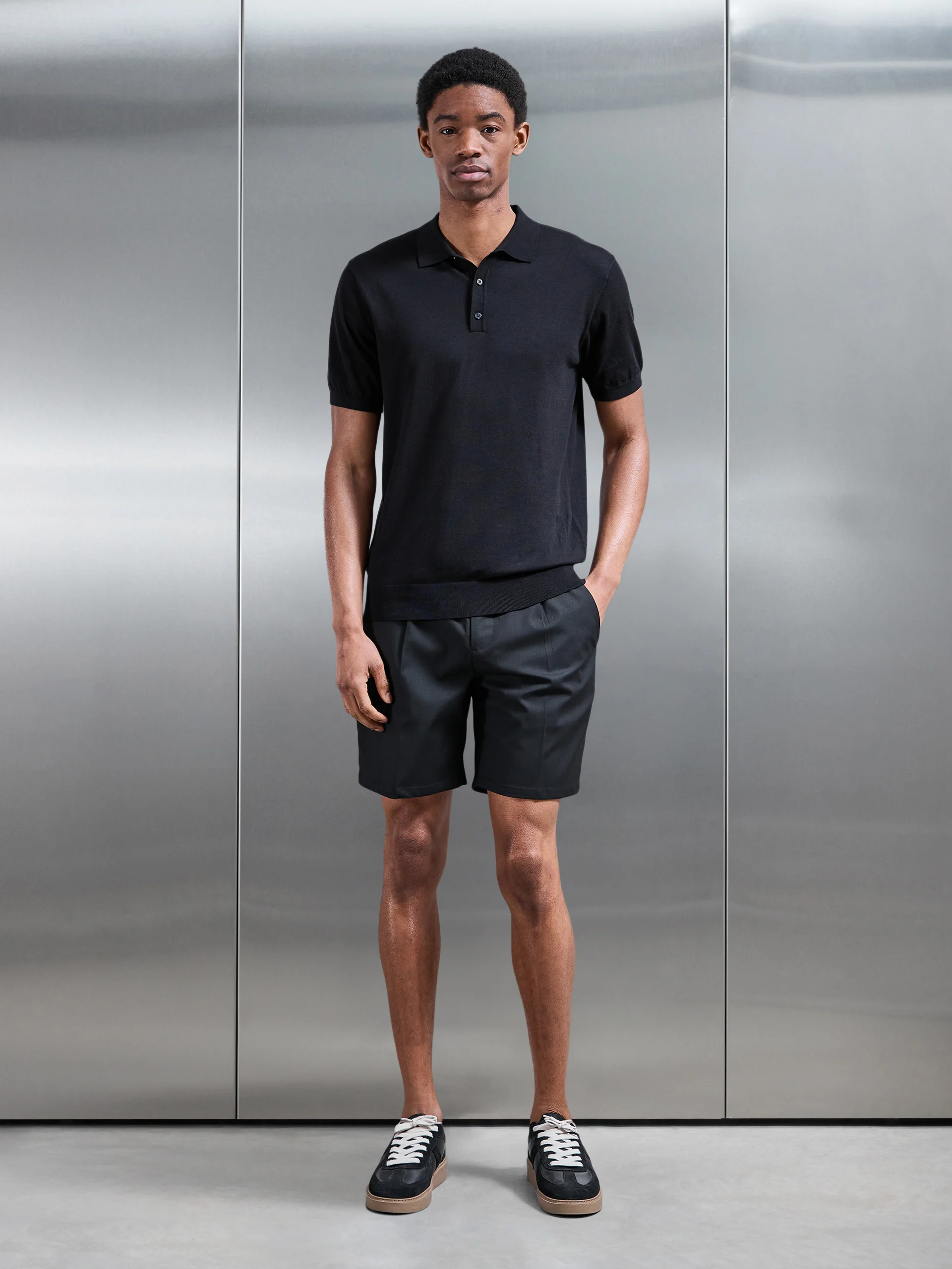 Cotton and Silk Polo Shirt in Black - Image 2