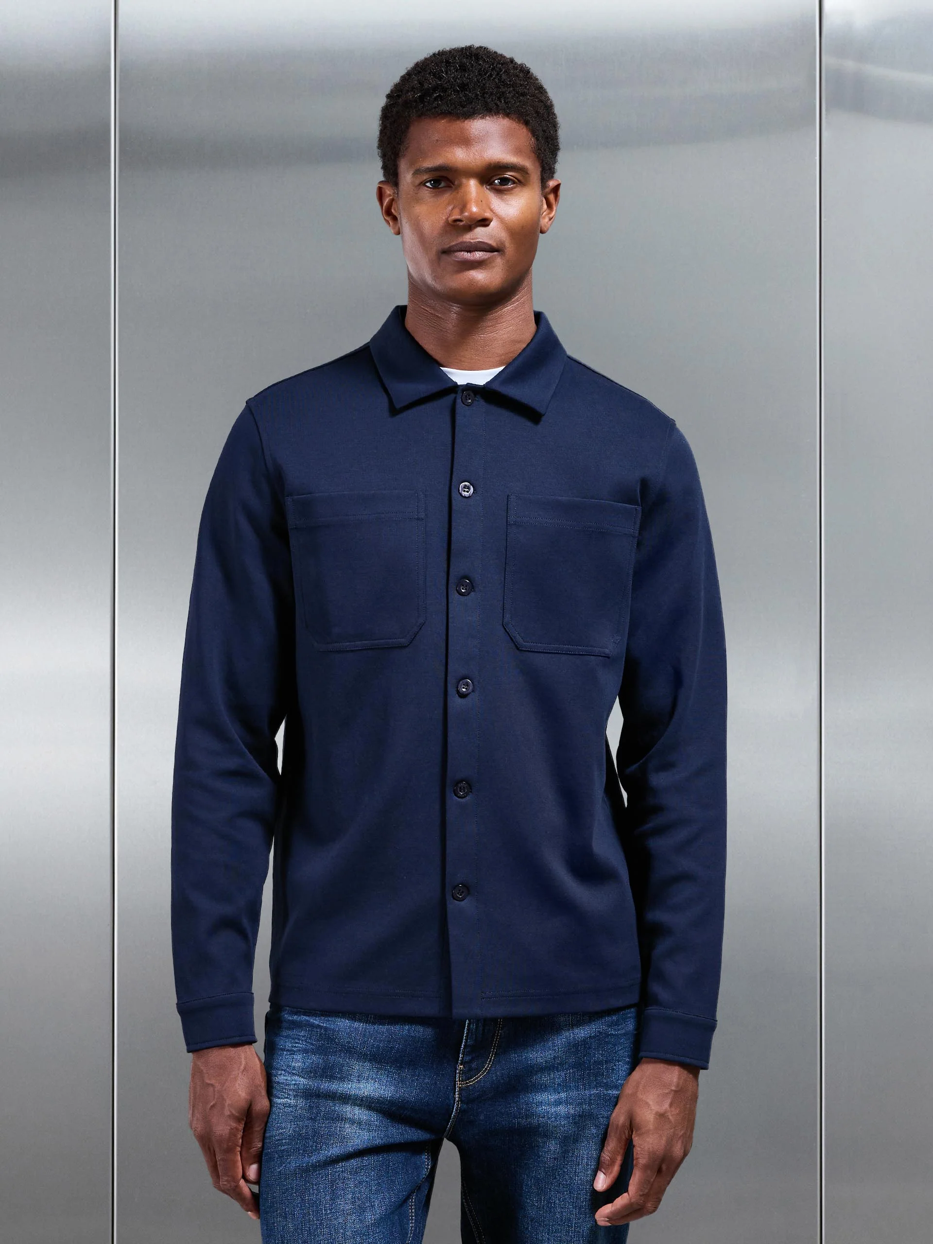 Cotton Jersey Overshirt in Navy - Image 4