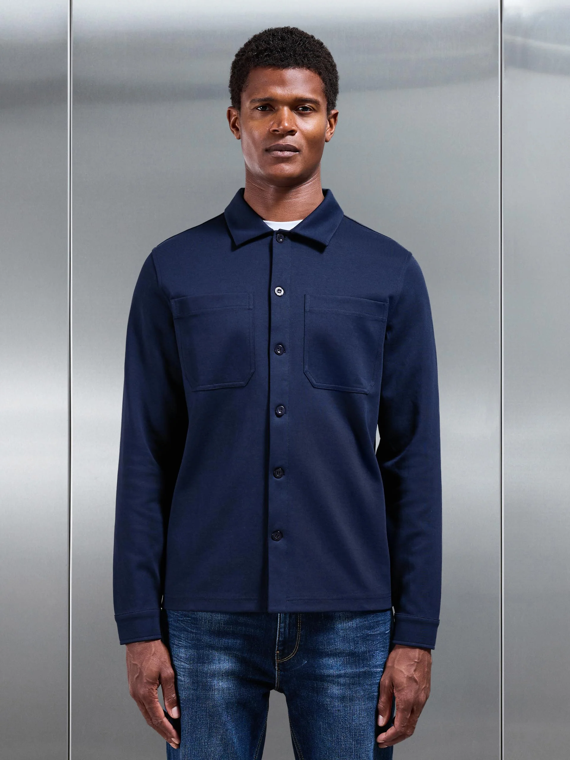 Cotton Jersey Overshirt in Navy - Image 6