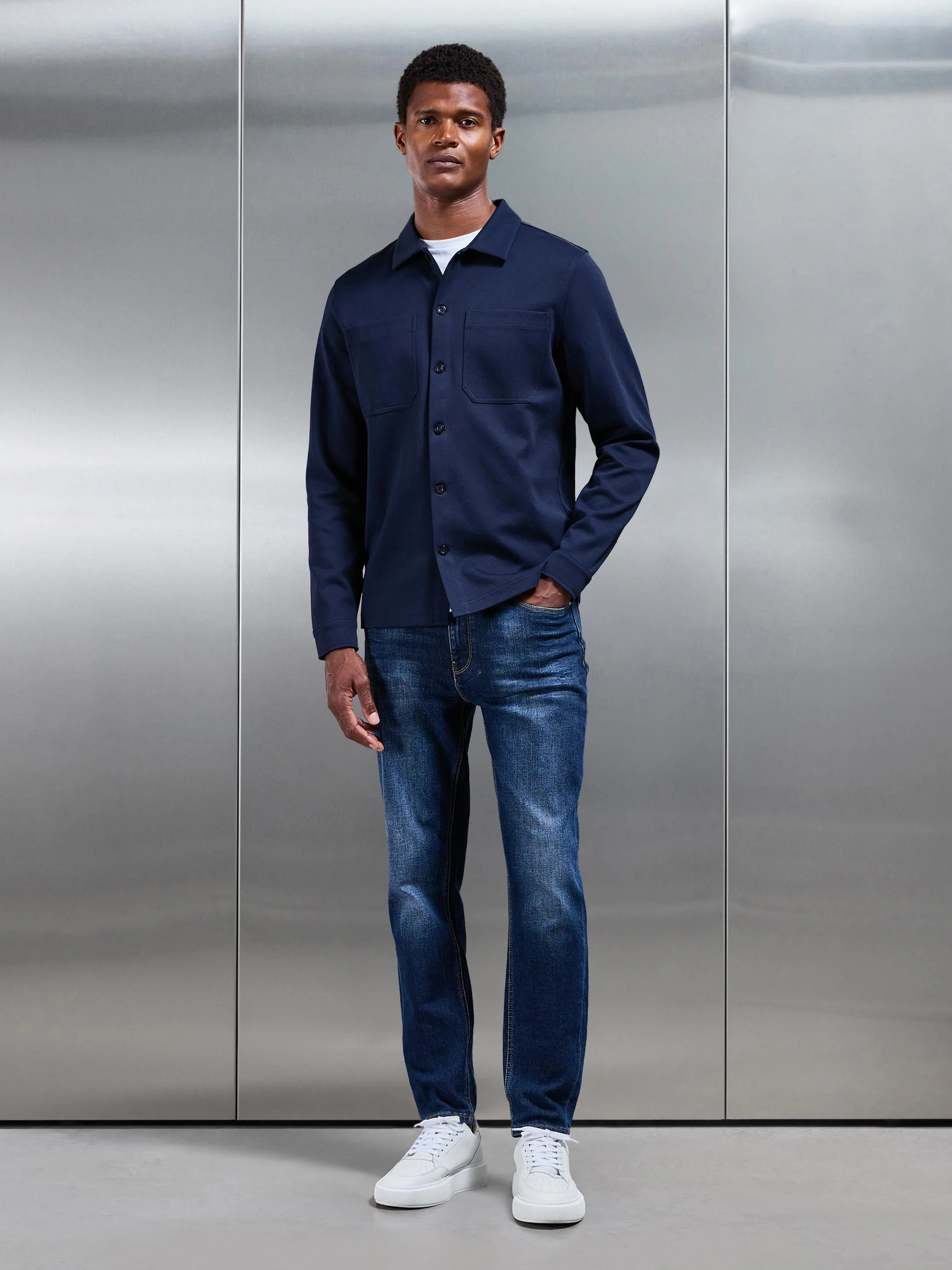Cotton Jersey Overshirt in Navy - Image 7