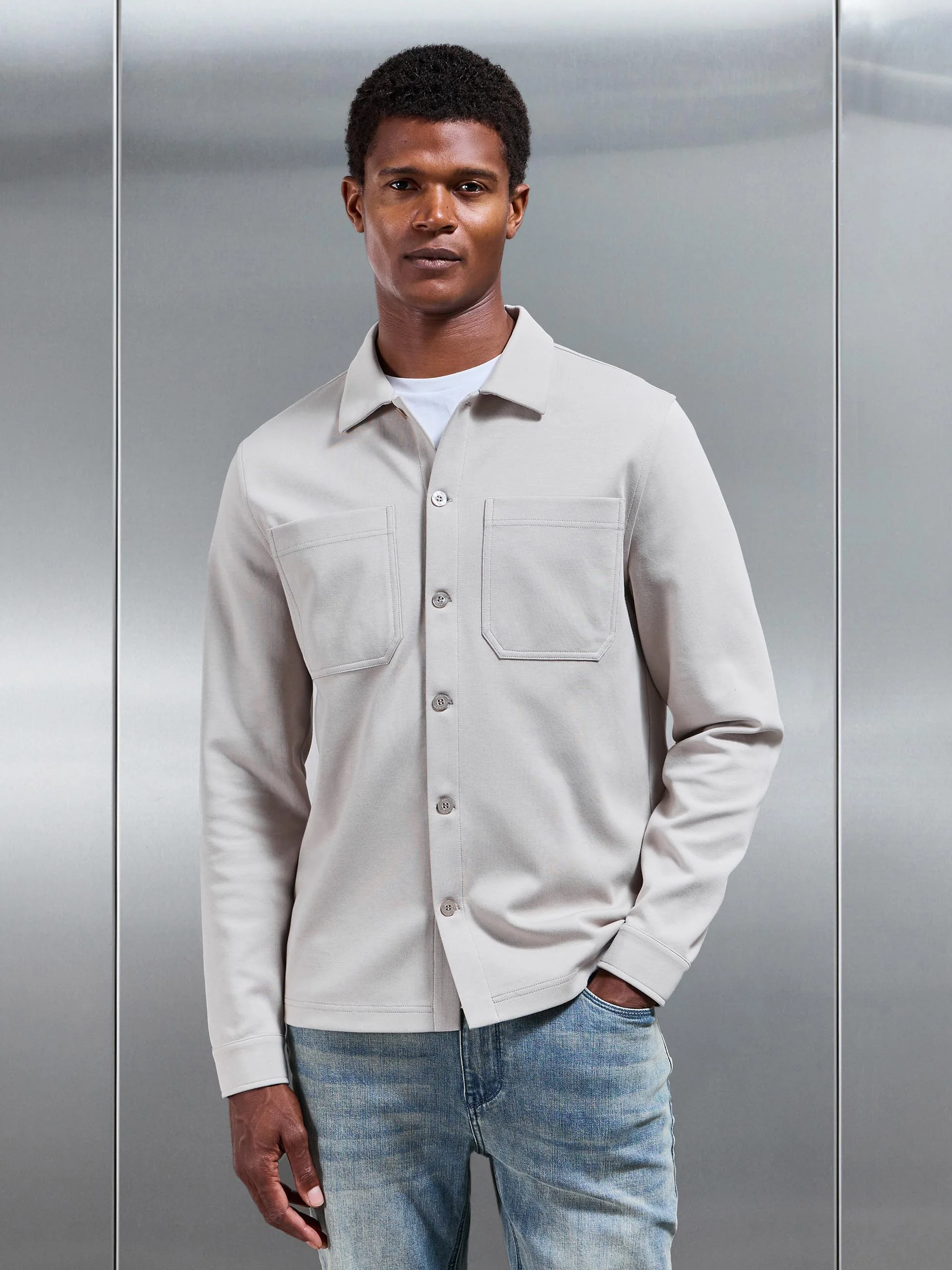 Cotton Jersey Overshirt in Stone - Image 6