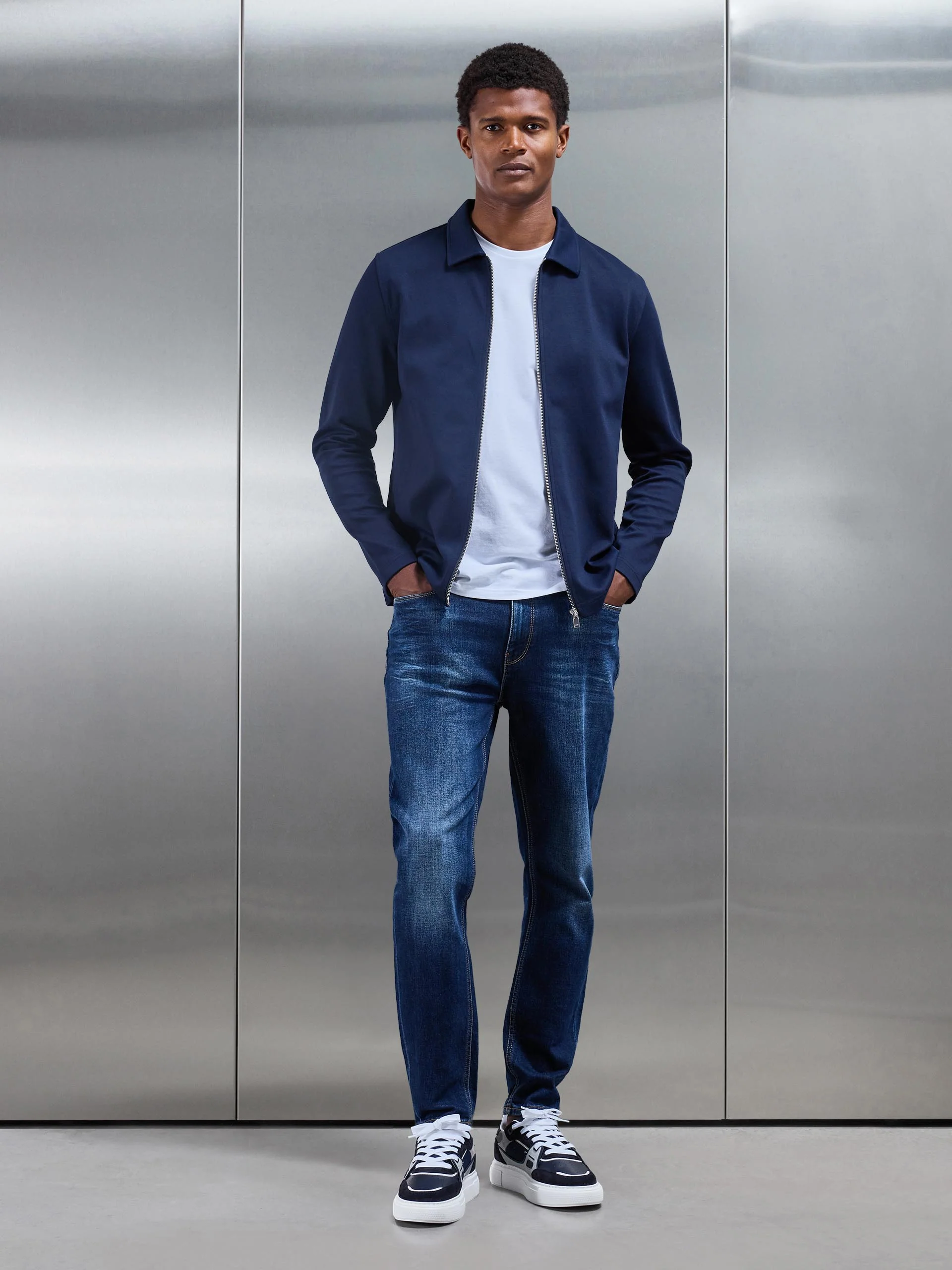 Cotton Jersey Zip Through Overshirt in Navy - Image 2