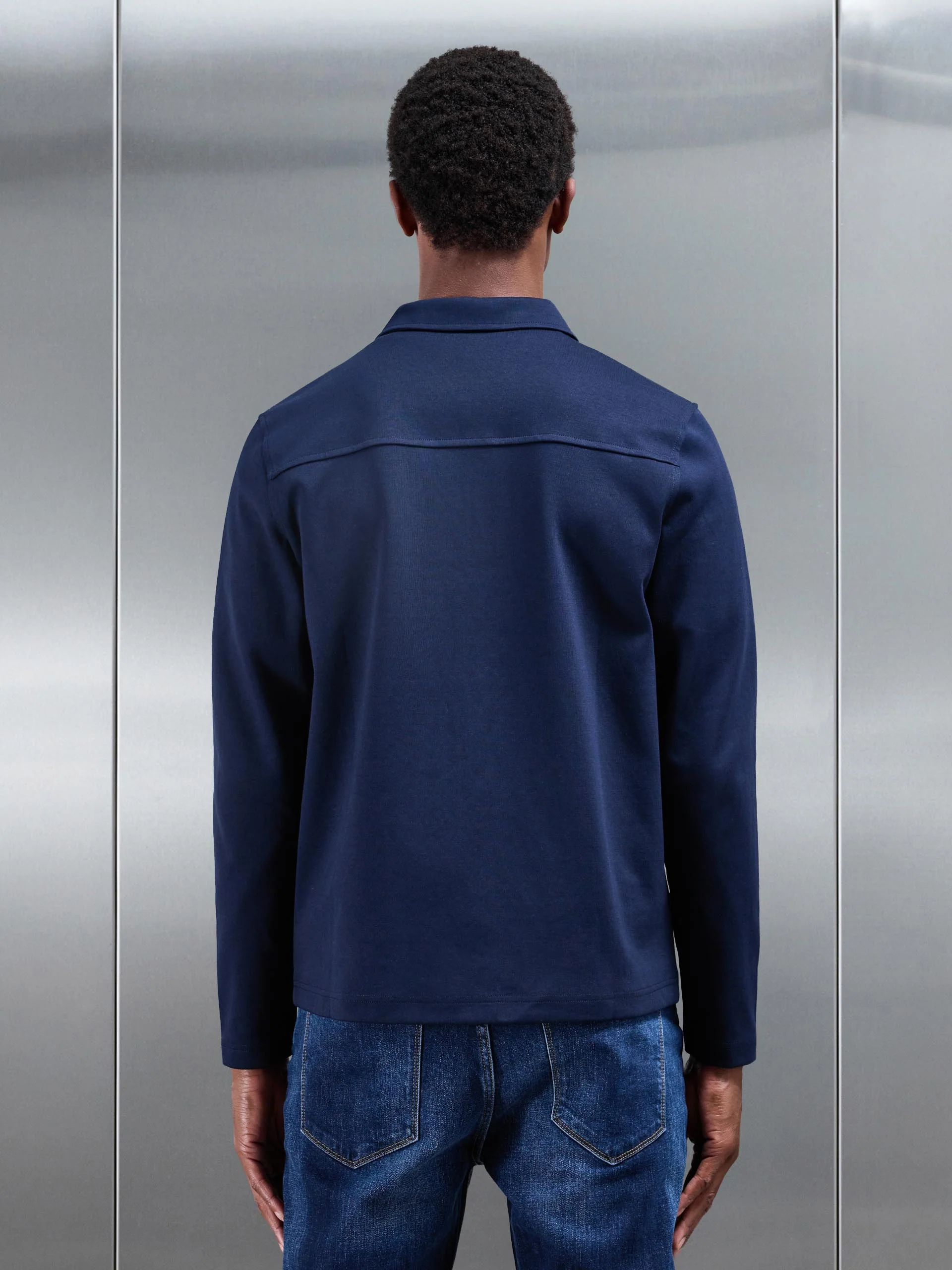 Cotton Jersey Zip Through Overshirt in Navy - Image 4