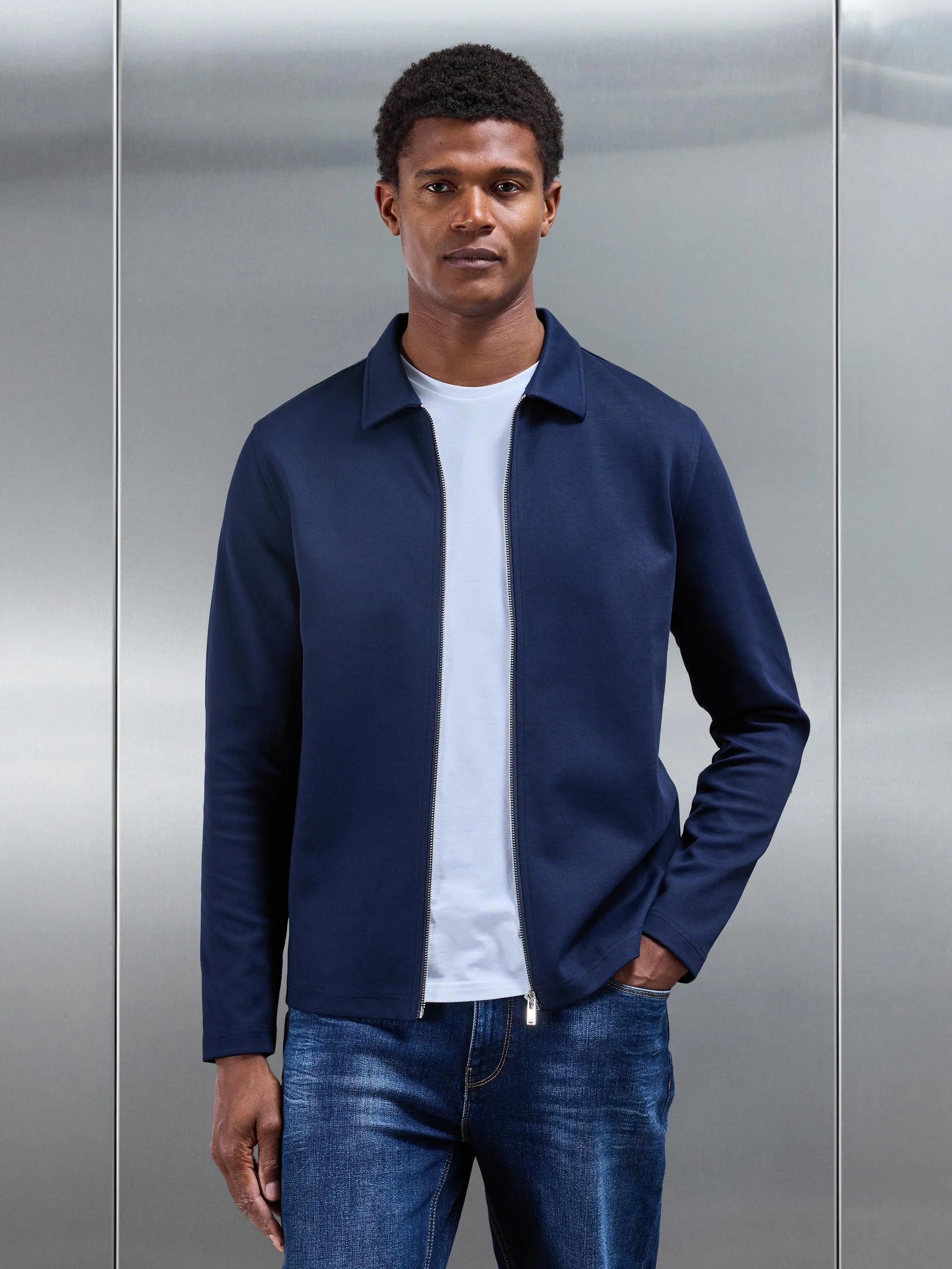 Cotton Jersey Zip Through Overshirt in Navy - Image 5