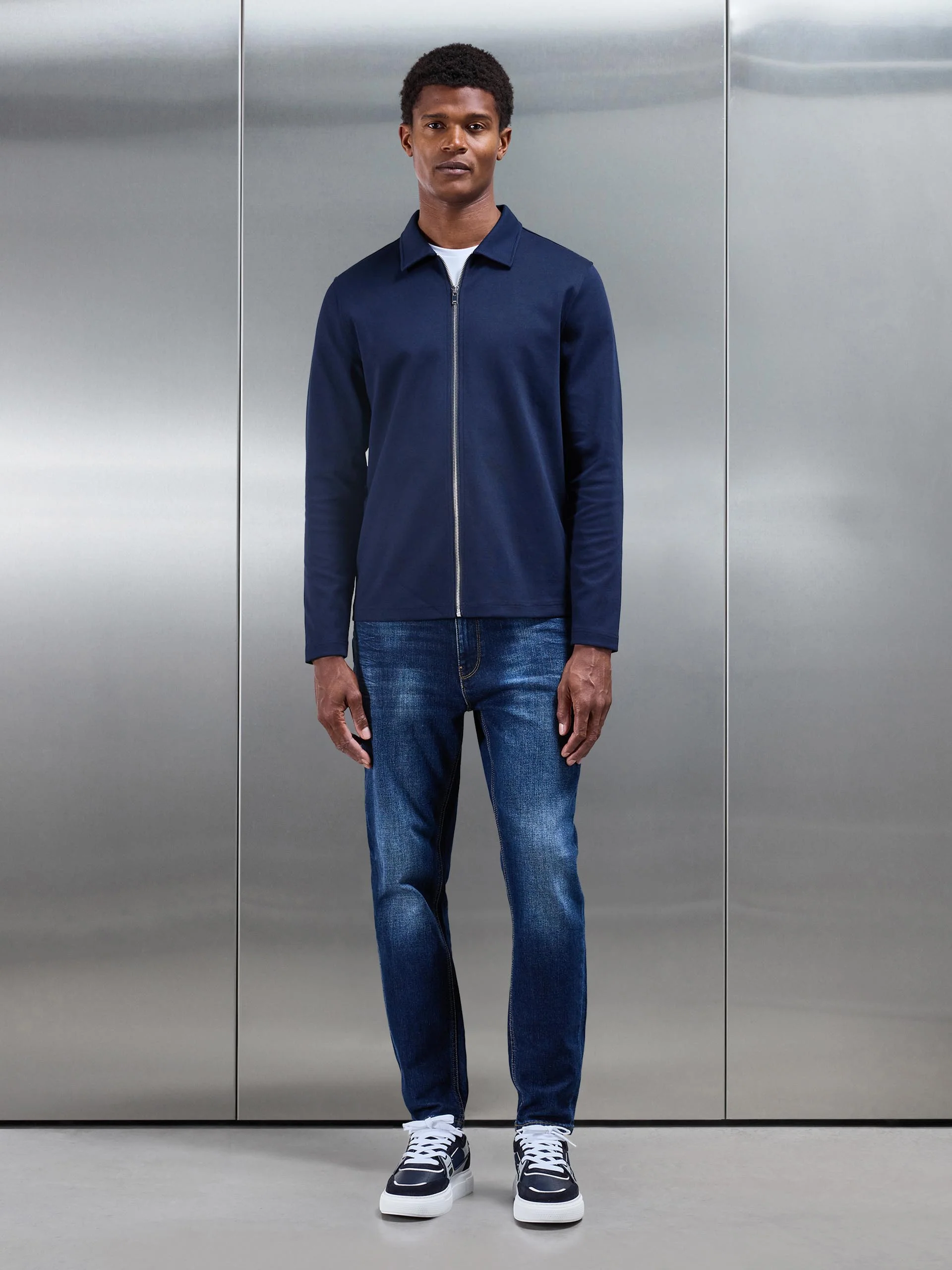 Cotton Jersey Zip Through Overshirt in Navy - Image 6
