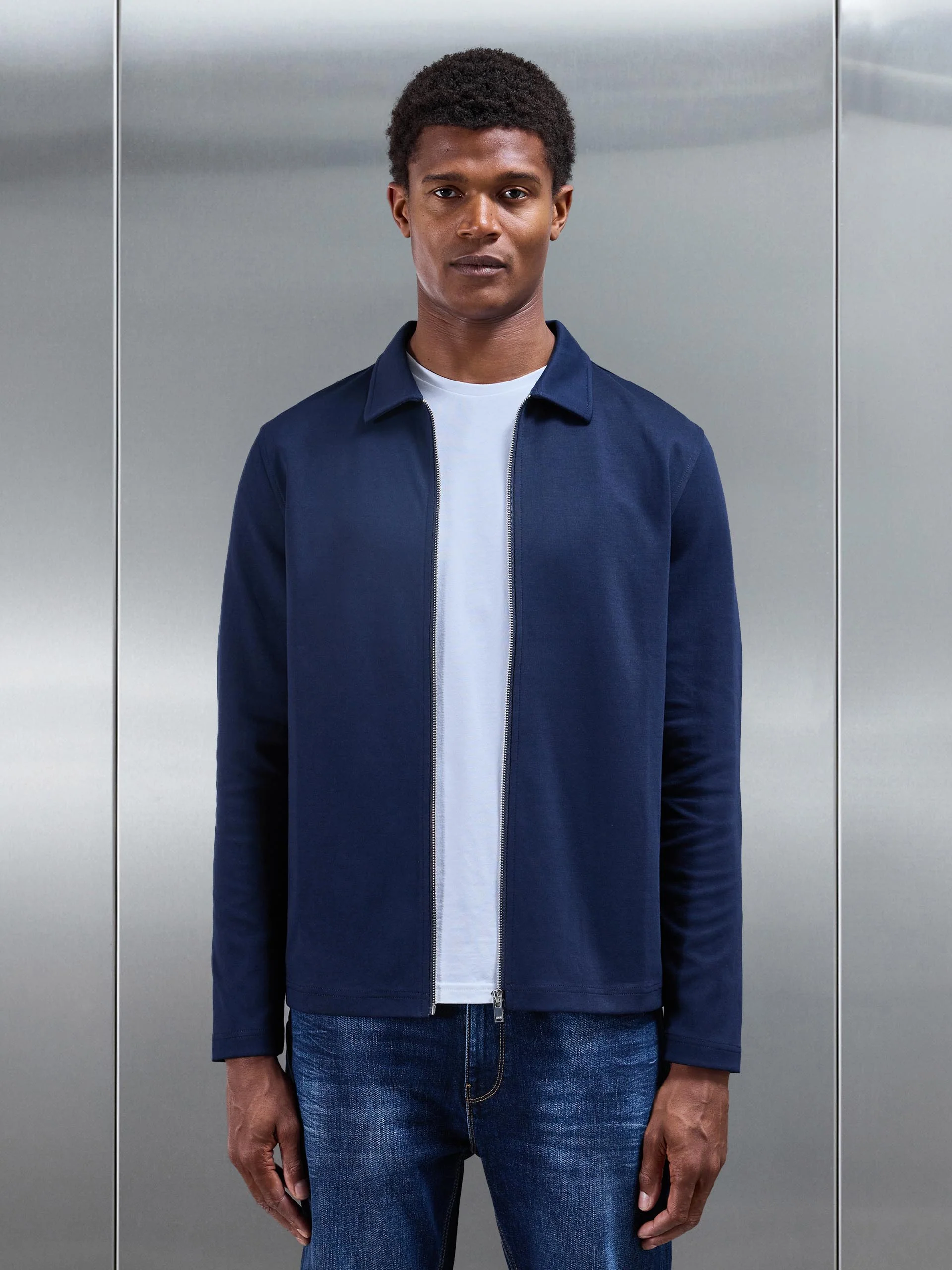 Cotton Jersey Zip Through Overshirt in Navy - Image 7