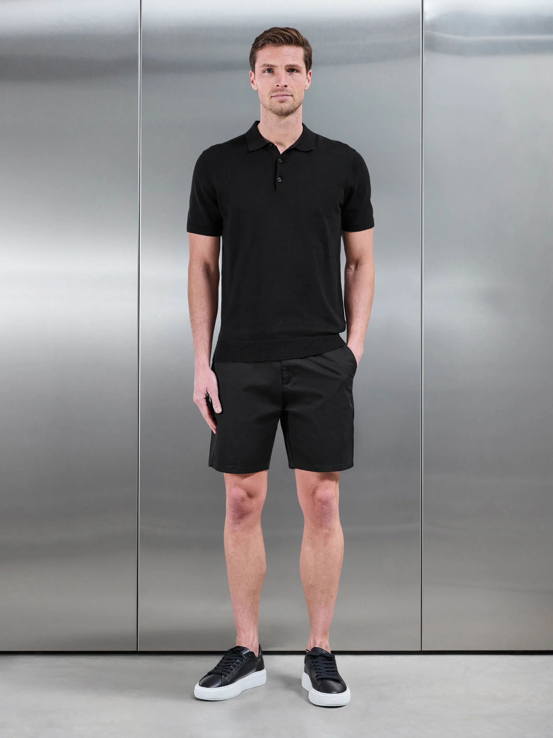 Cotton Knitted Button Polo Shirt in Black - Image 2
