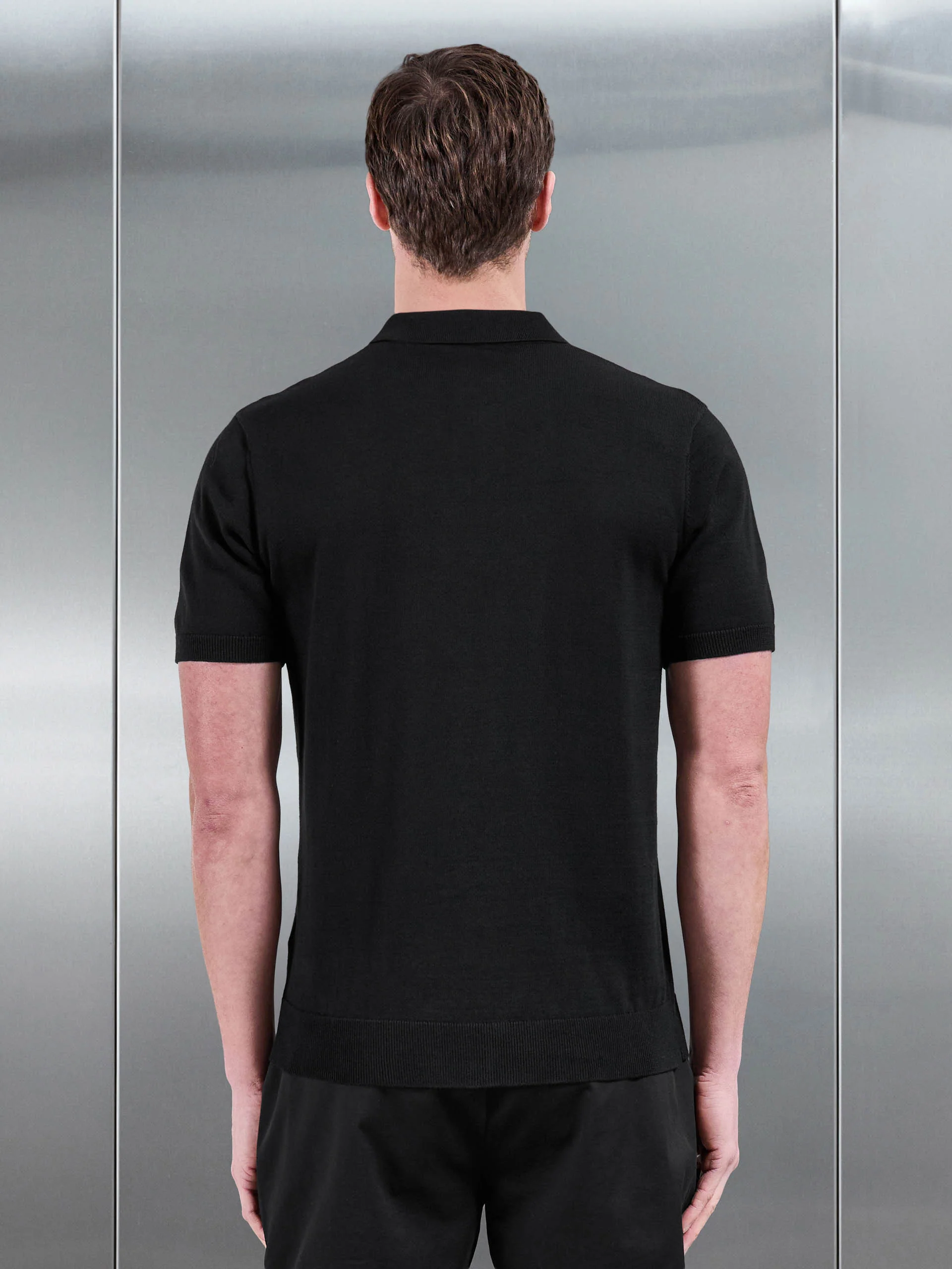 Cotton Knitted Button Polo Shirt in Black - Image 3