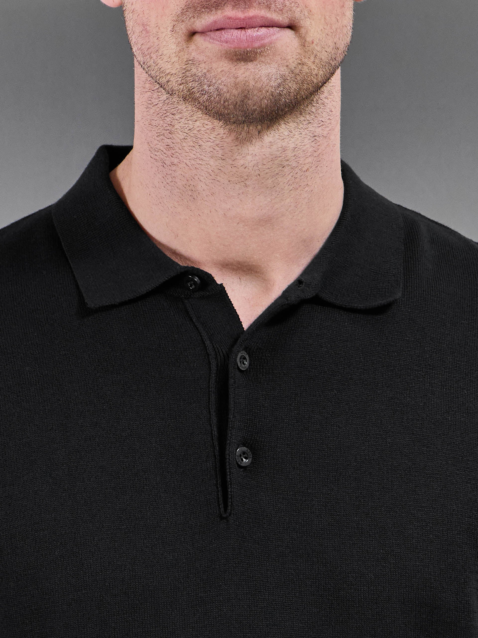 Cotton Knitted Button Polo Shirt in Black - Image 4