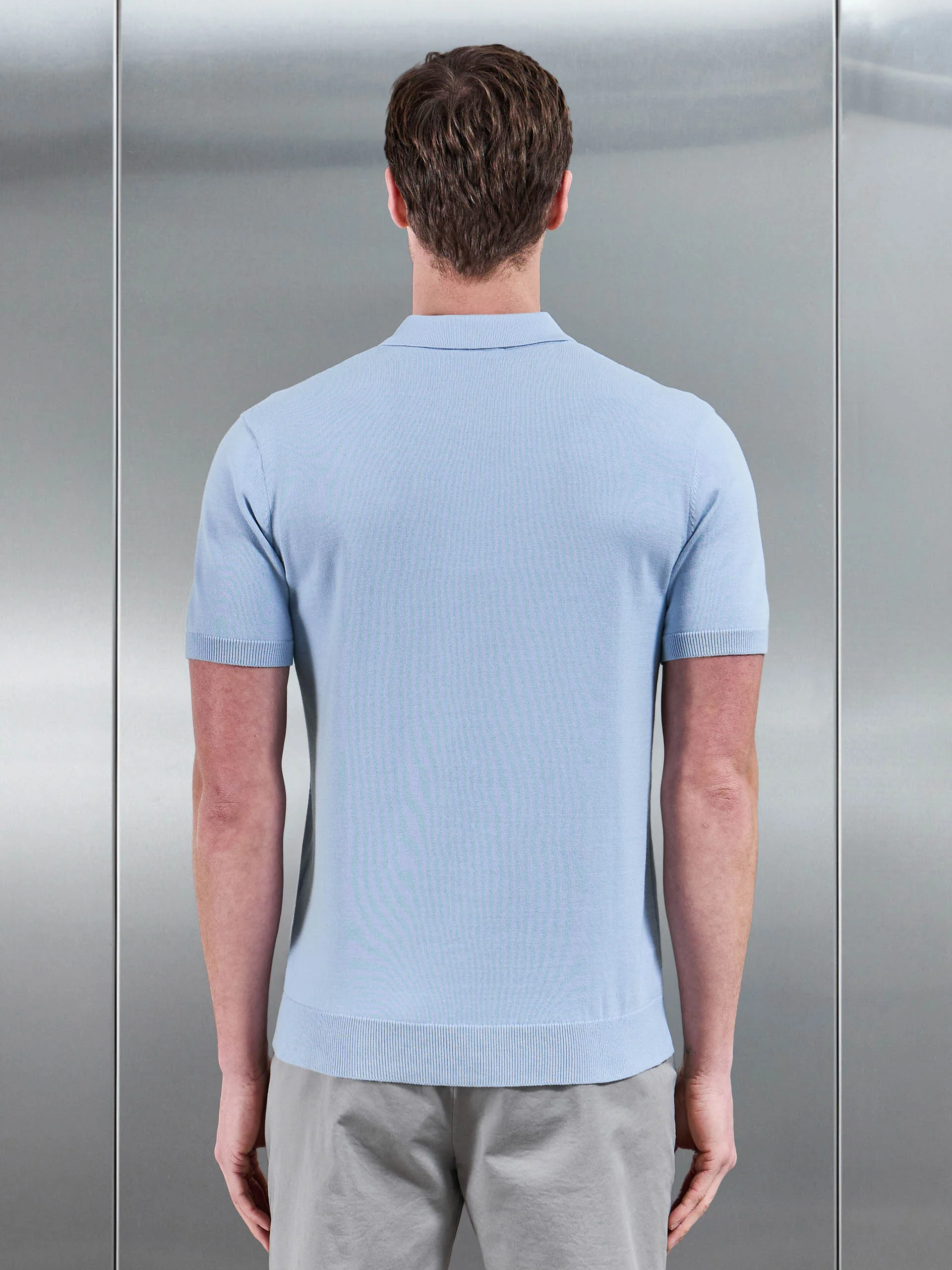 Cotton Knitted Button Polo Shirt in Light Blue - Image 3
