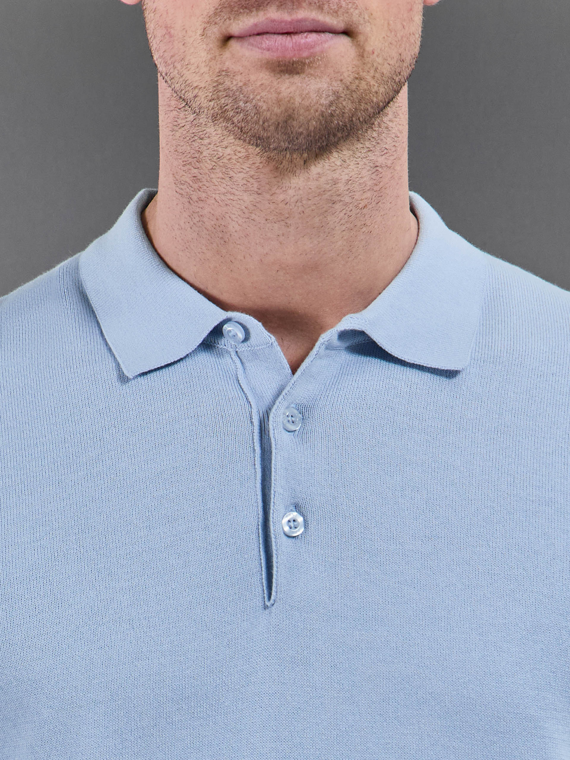Cotton Knitted Button Polo Shirt in Light Blue - Image 4
