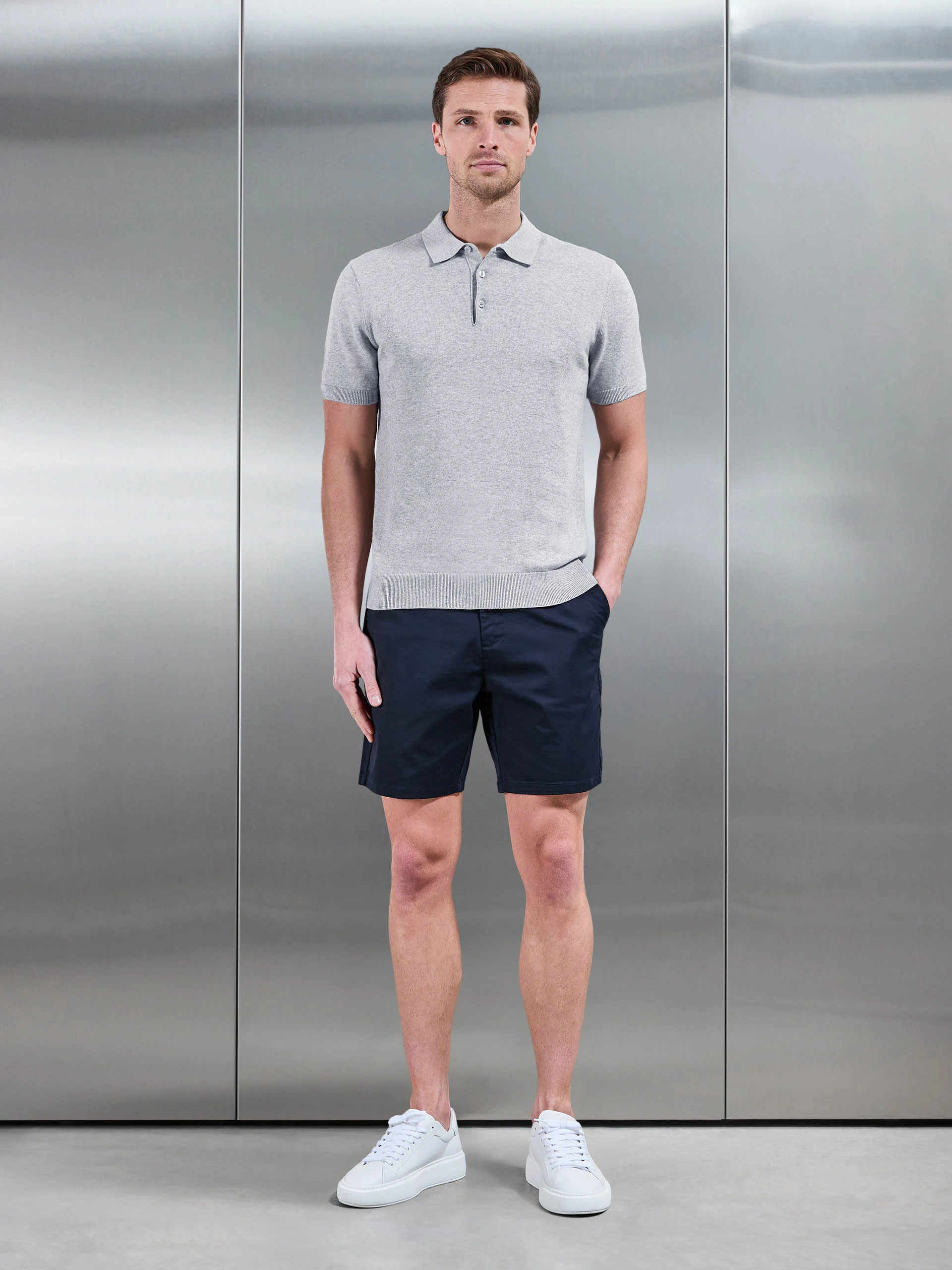 Cotton Knitted Button Polo Shirt in Marl Grey - Image 2