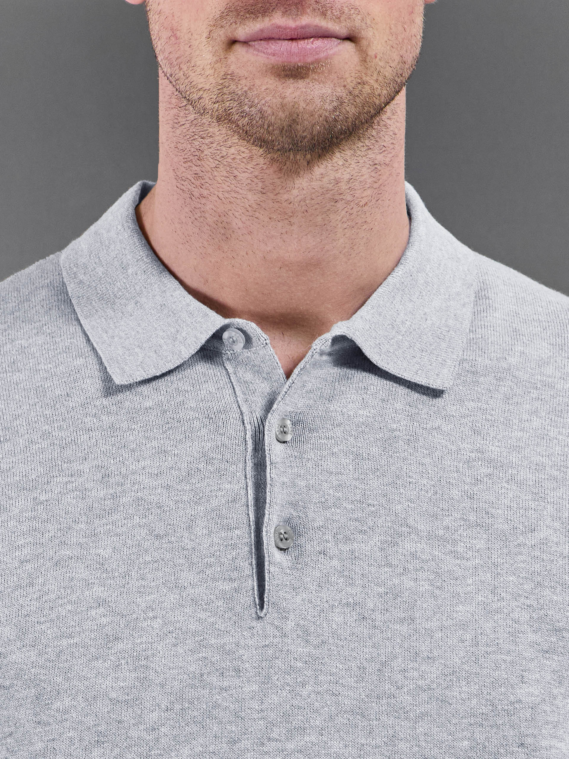 Cotton Knitted Button Polo Shirt in Marl Grey - Image 3