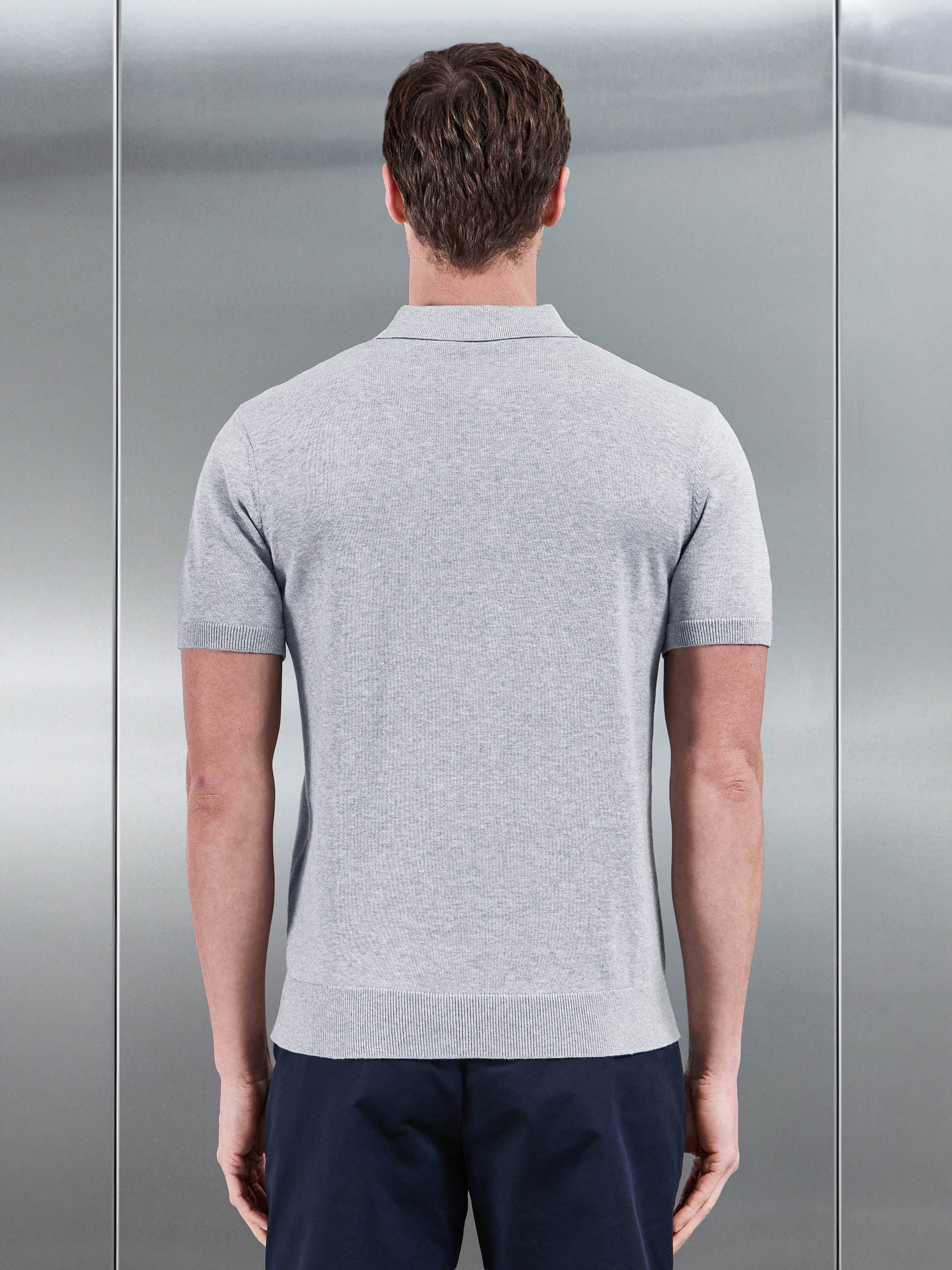 Cotton Knitted Button Polo Shirt in Marl Grey - Image 4
