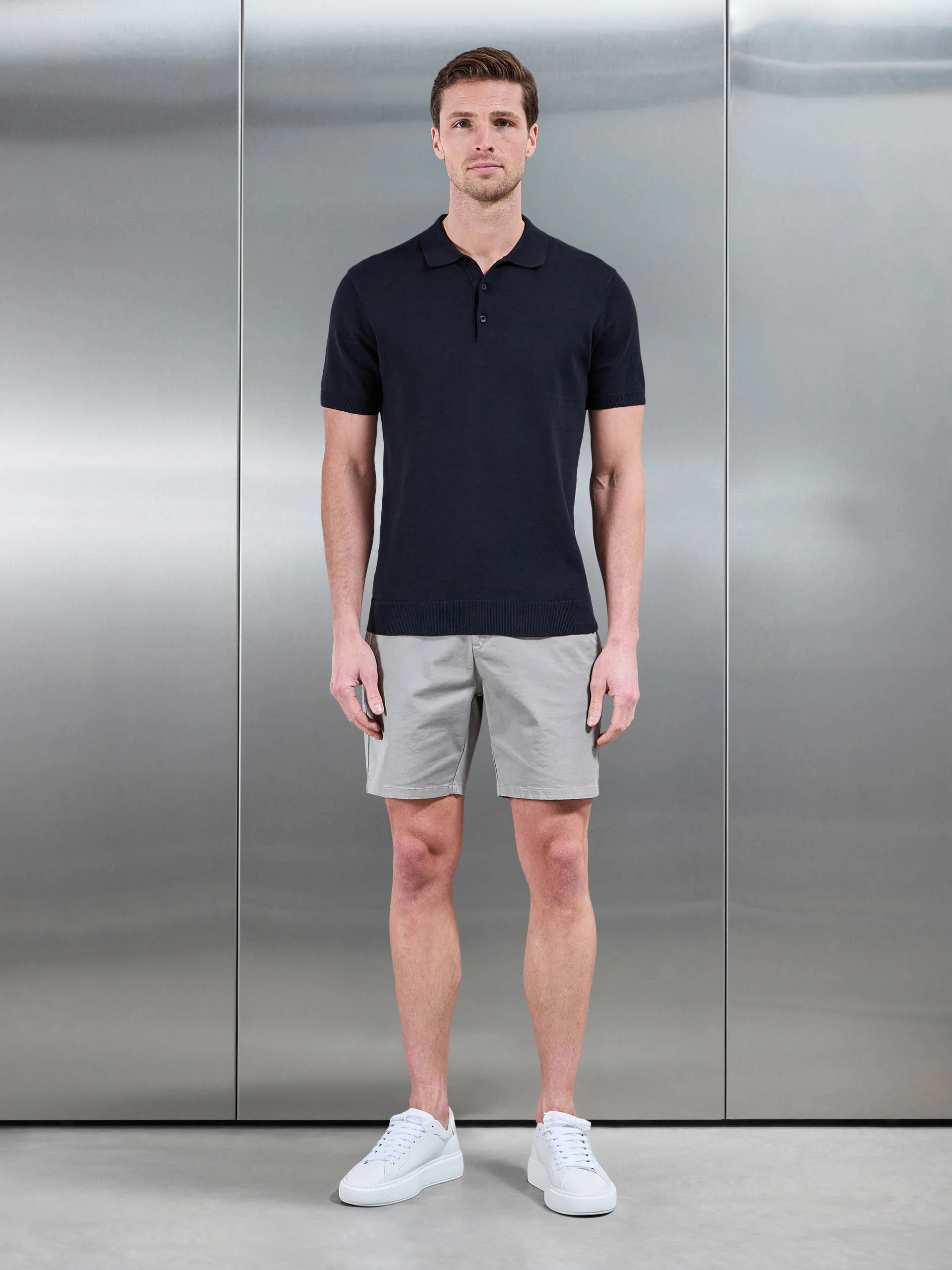 Cotton Knitted Button Polo Shirt in Navy - Image 2